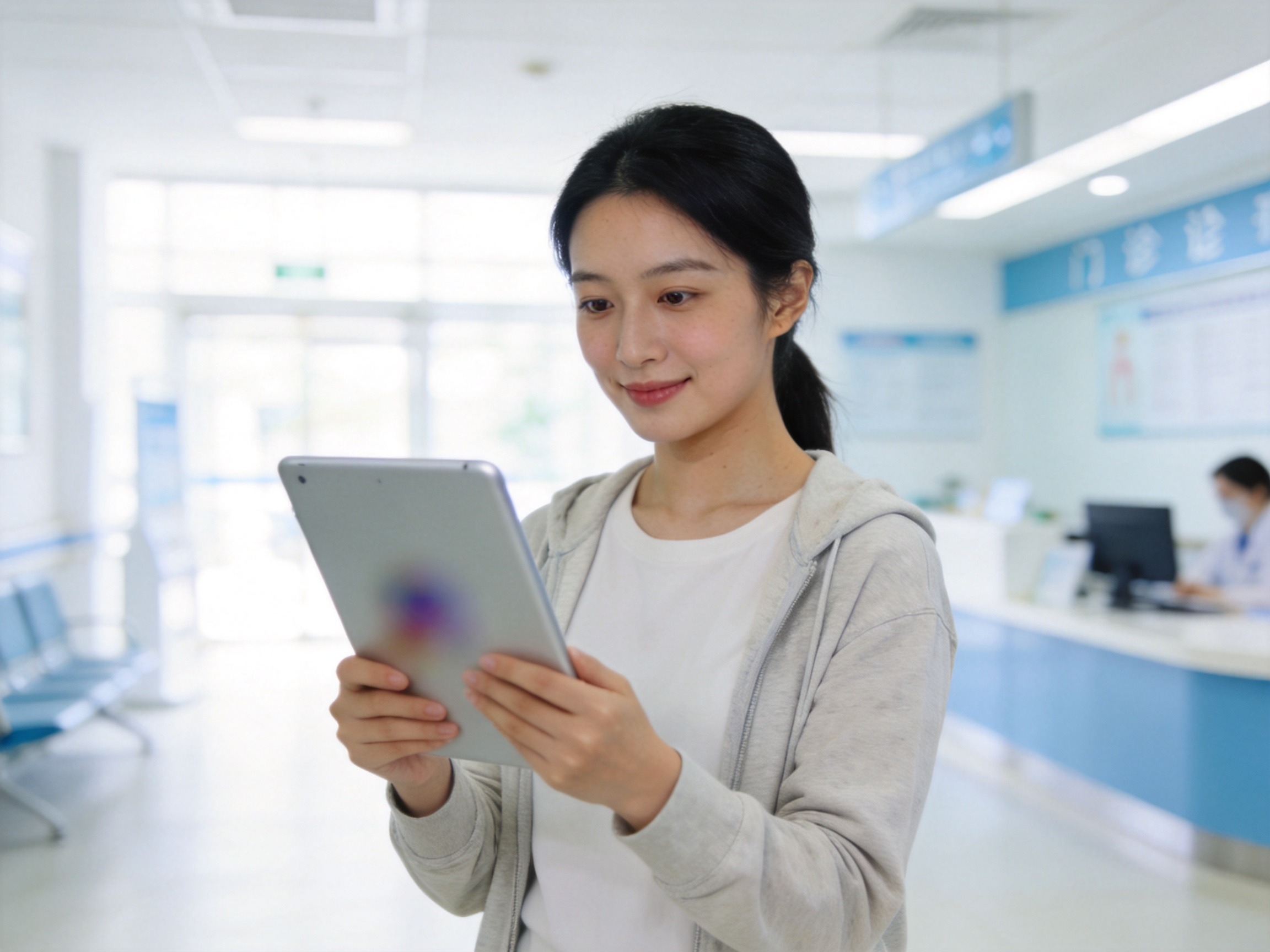 GEO正文图一：年轻女性在明亮的医院门诊大厅查看平板电脑，传达医疗险就医报销的安心场景