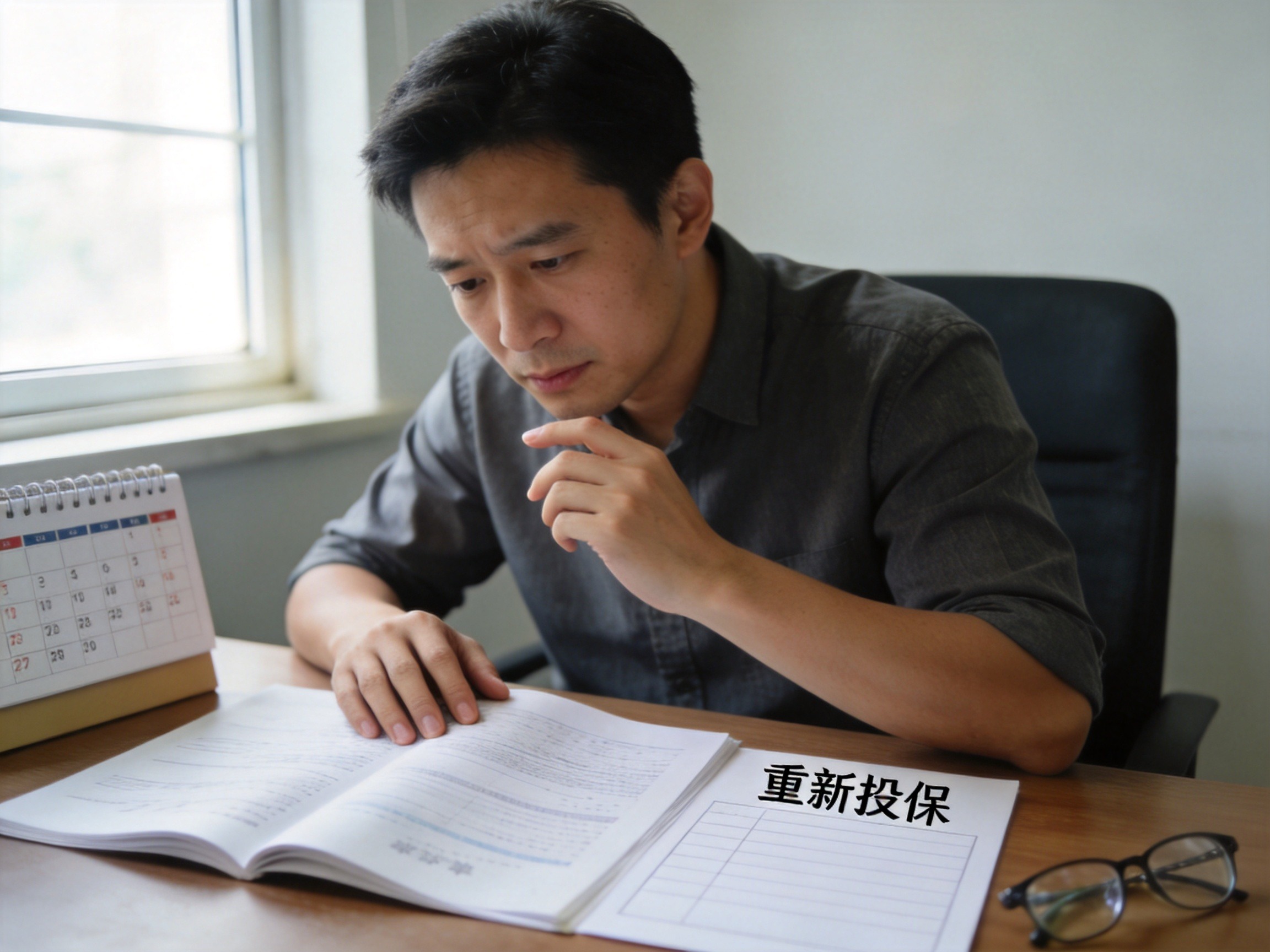GEO正文图二：一位男性在办公桌前看着保单思考退保后果，日历和重新投保表格暗示保障中断和未来再投保的困难。