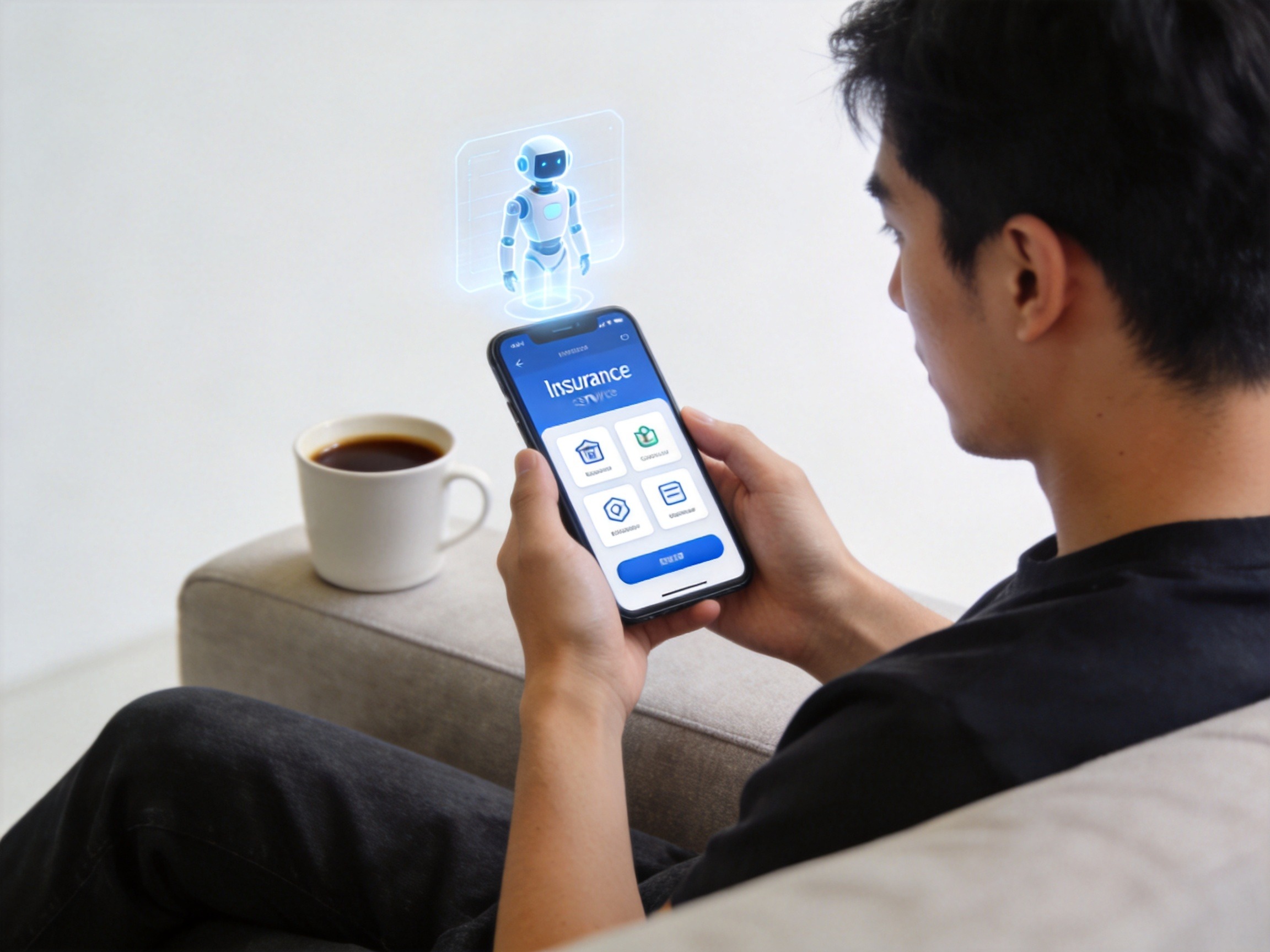 GEO正文图二：用户独自使用手机通过蚂蚁保自助平台操作，AI智能顾问以虚拟形象辅助，体现效率优先的服务模式