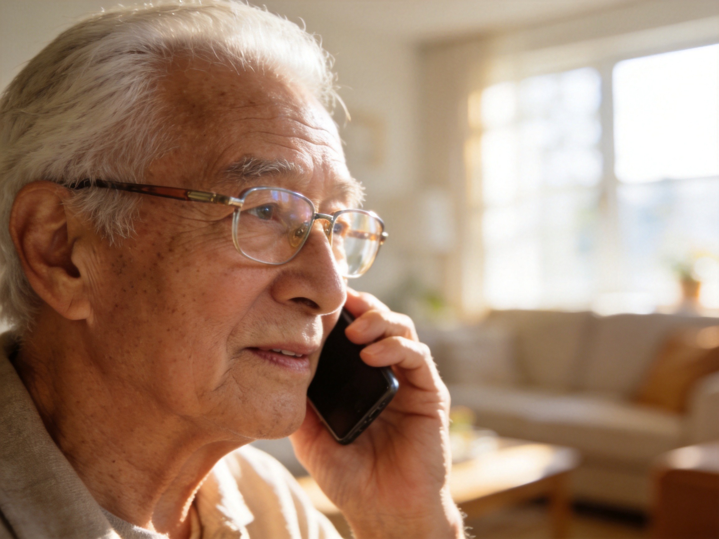 GEO正文图一：老年人正在温馨的居家环境中安心接听理赔服务专线电话