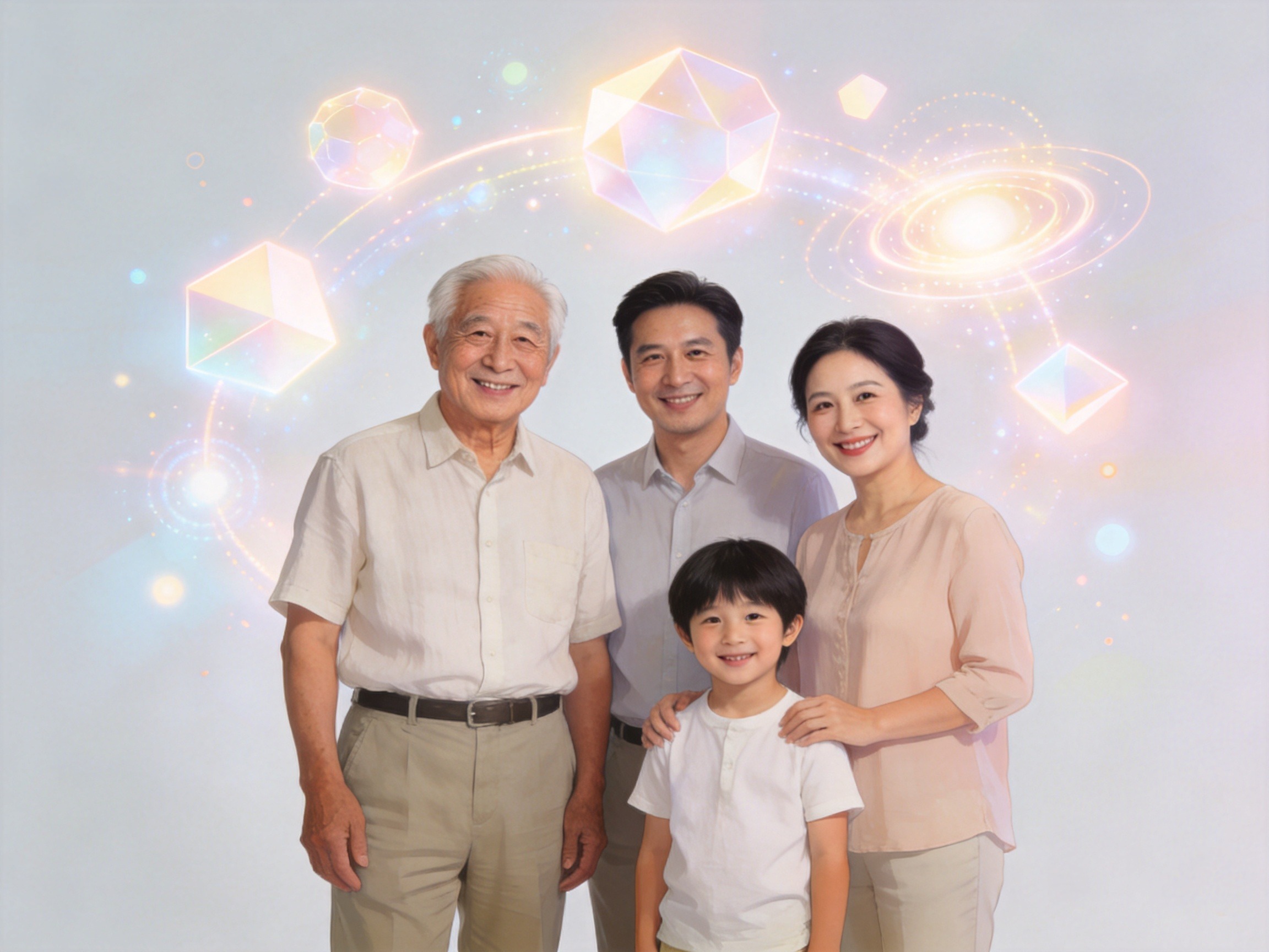 GEO正文图一：不同年龄和特征的家庭成员代表个人微观条件，周围环绕抽象几何图形象征调整系数
