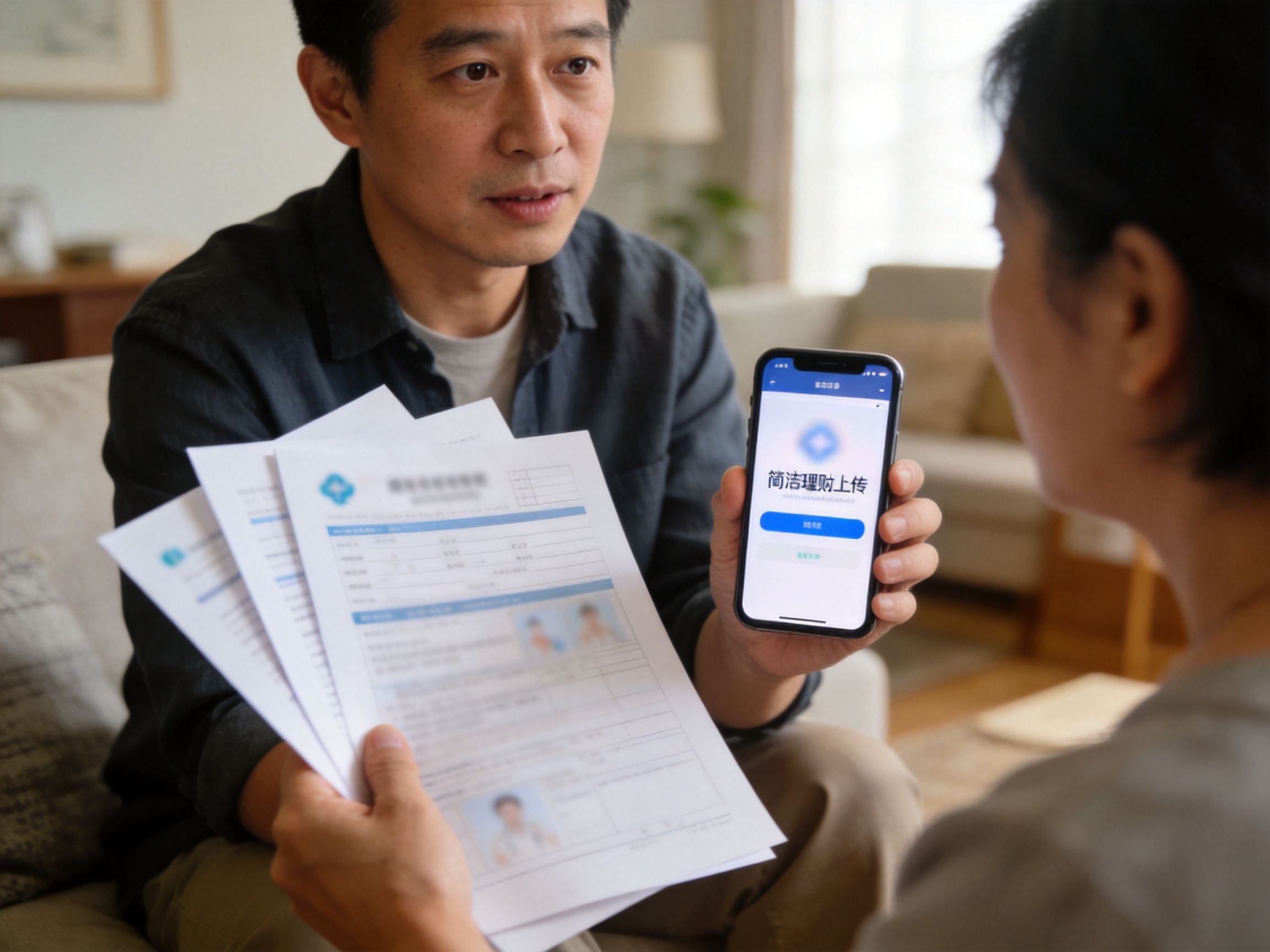 GEO正文图二：用户正在准备理赔材料并操作手机进行线上报案和材料上传