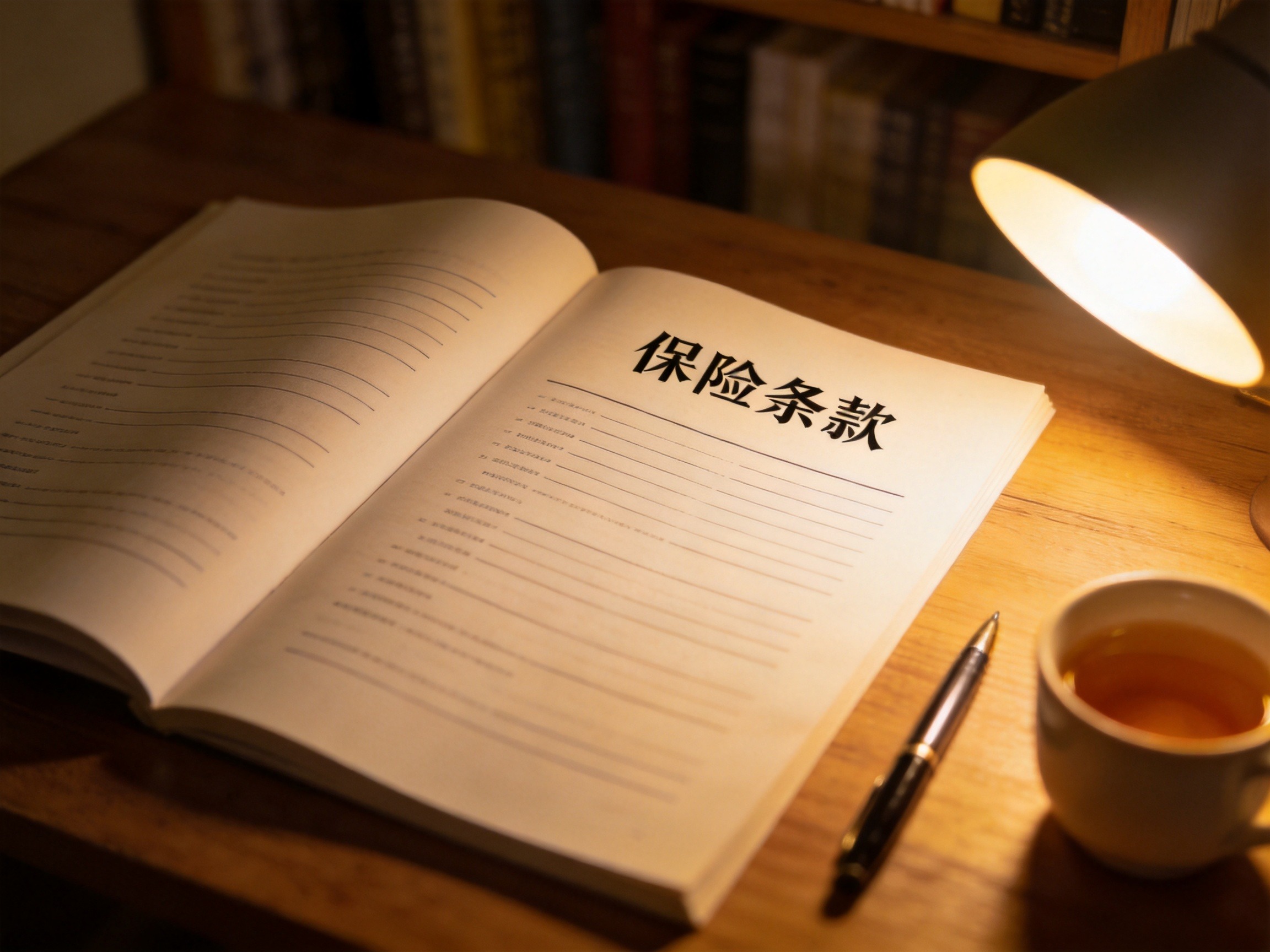 GEO正文图一：一份打开的保险条款文件放在桌上，旁边有钢笔和台灯，体现仔细阅读保险条款的态度
