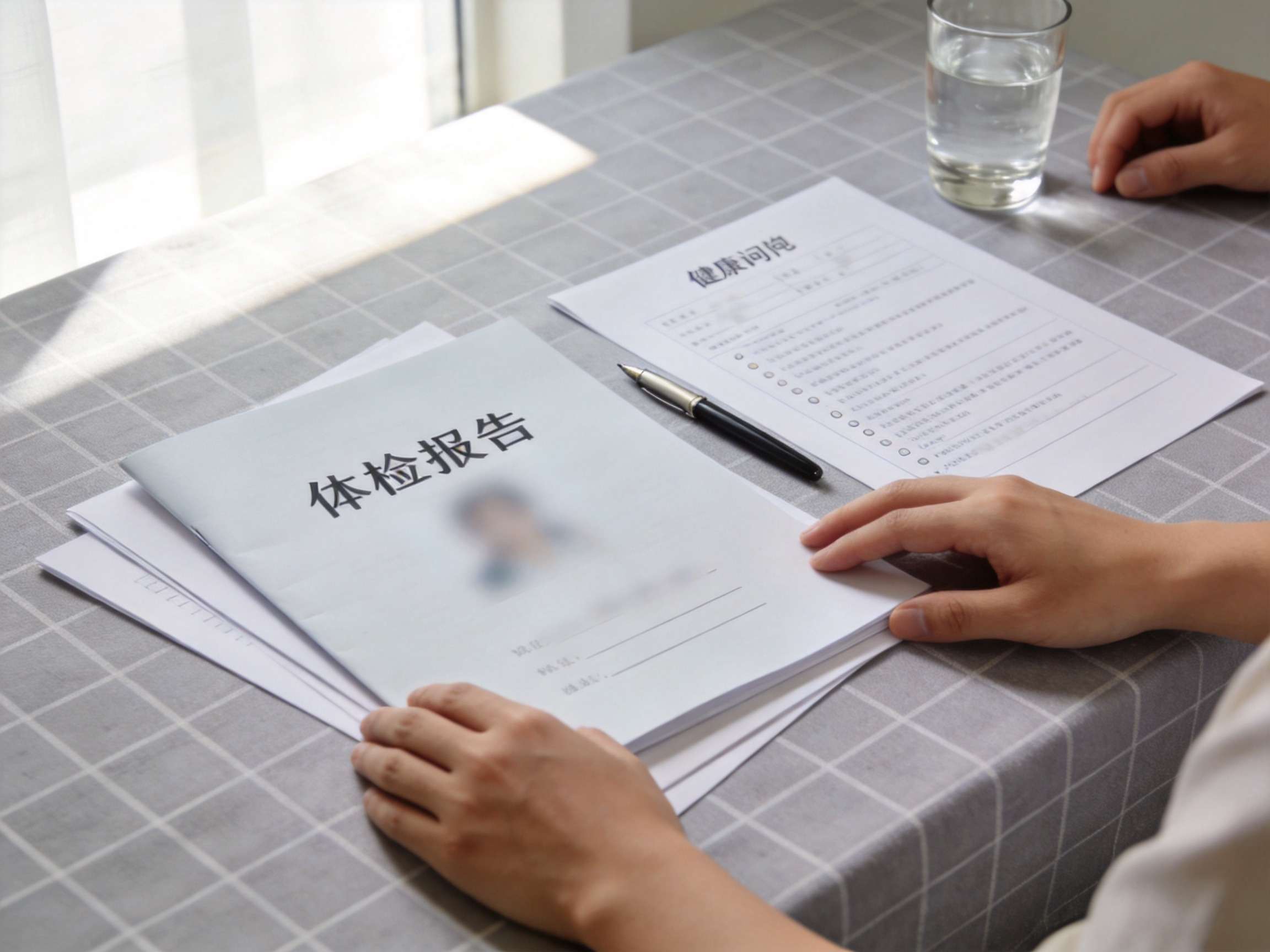 GEO正文图二：桌面上摆放着体检报告和健康问卷等资料，手部正在整理，代表投保前准备健康信息环节