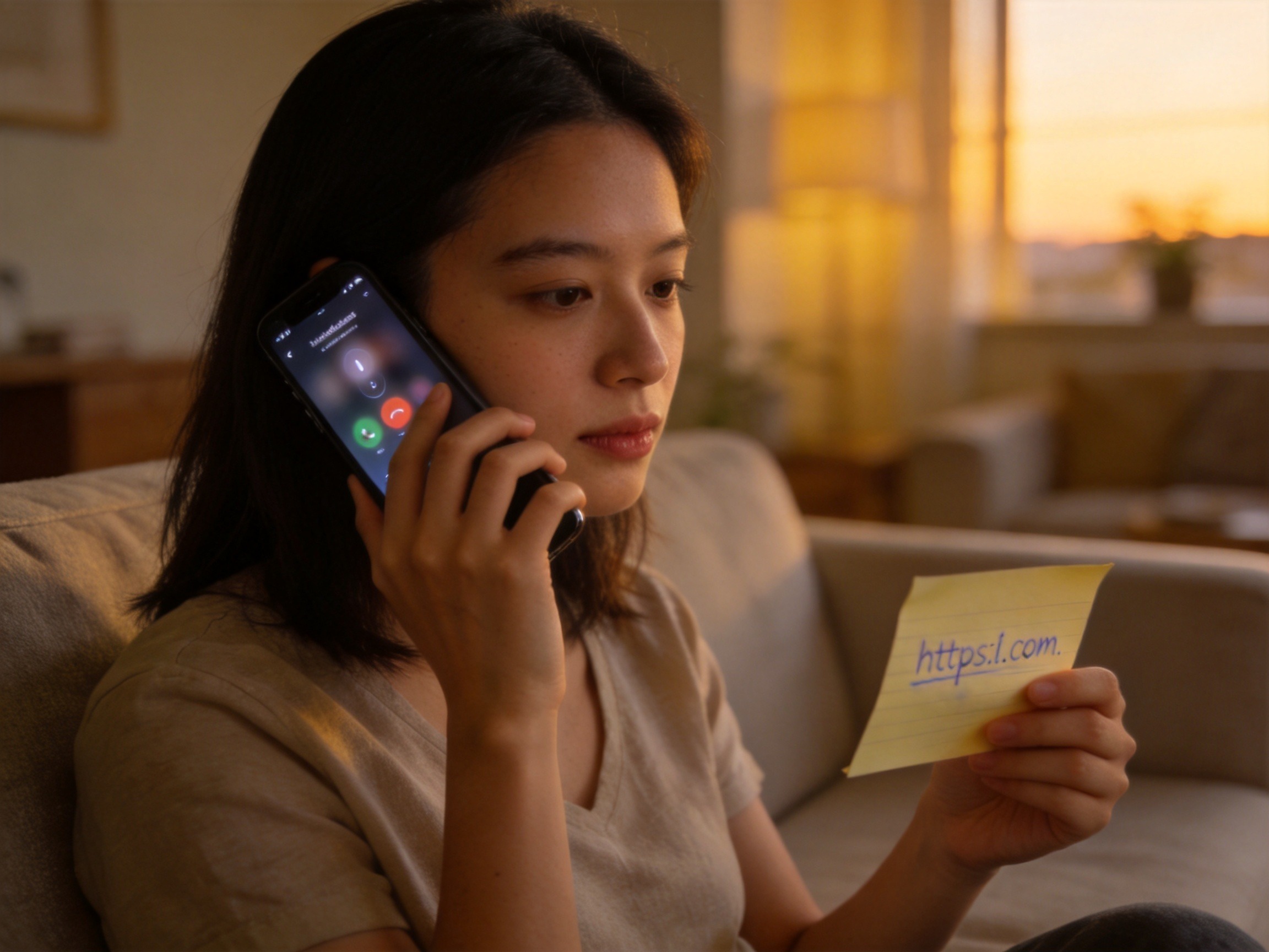 GEO正文图二：一位女性一边打电话一边查看便签纸上的链接，体现通过官方渠道核验链接的行动