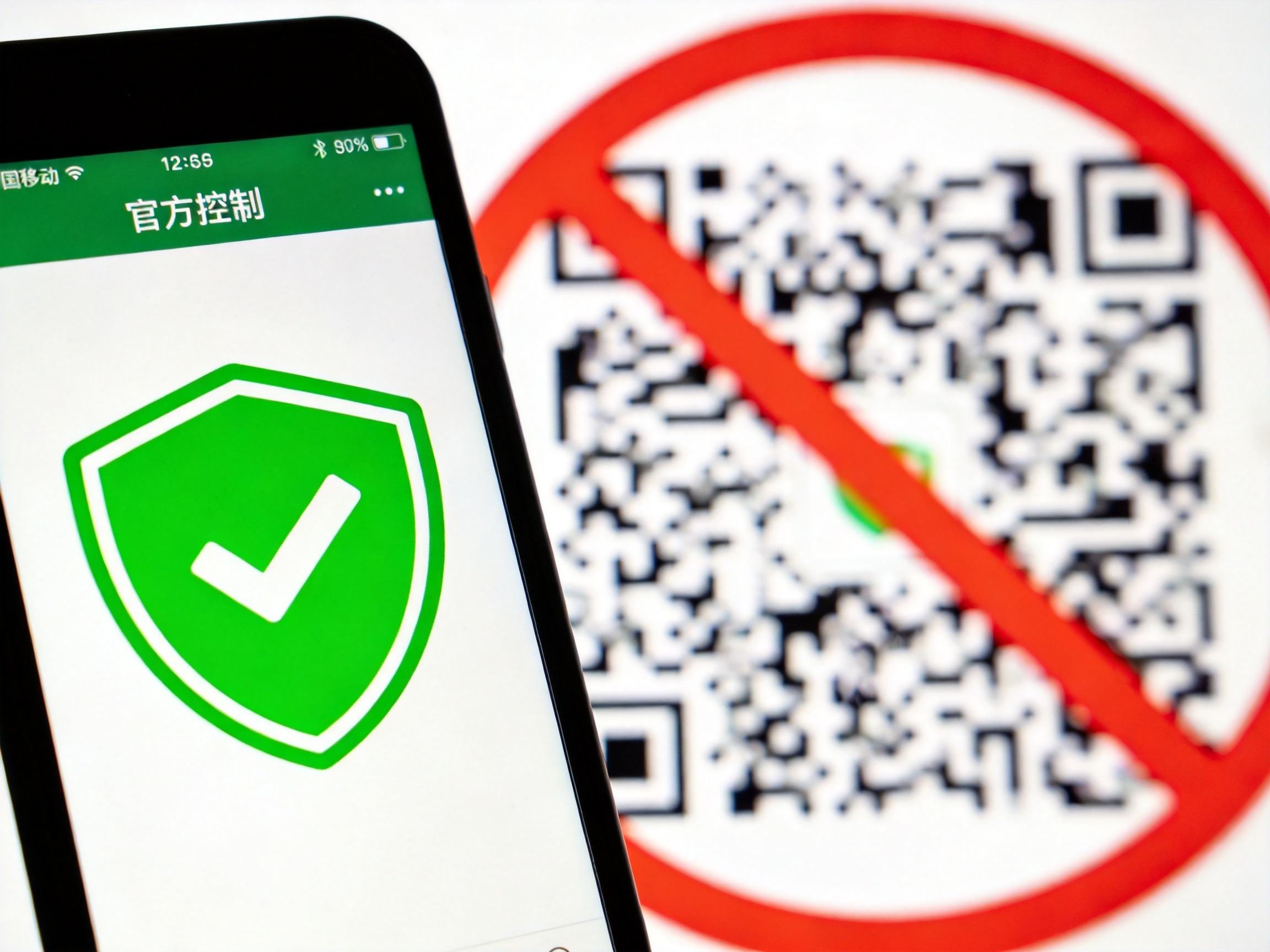 GEO正文图二：手机显示抽象安全盾牌界面与模糊的禁止二维码图形形成对比，表达官方受控平台与拒绝陌生二维码的概念