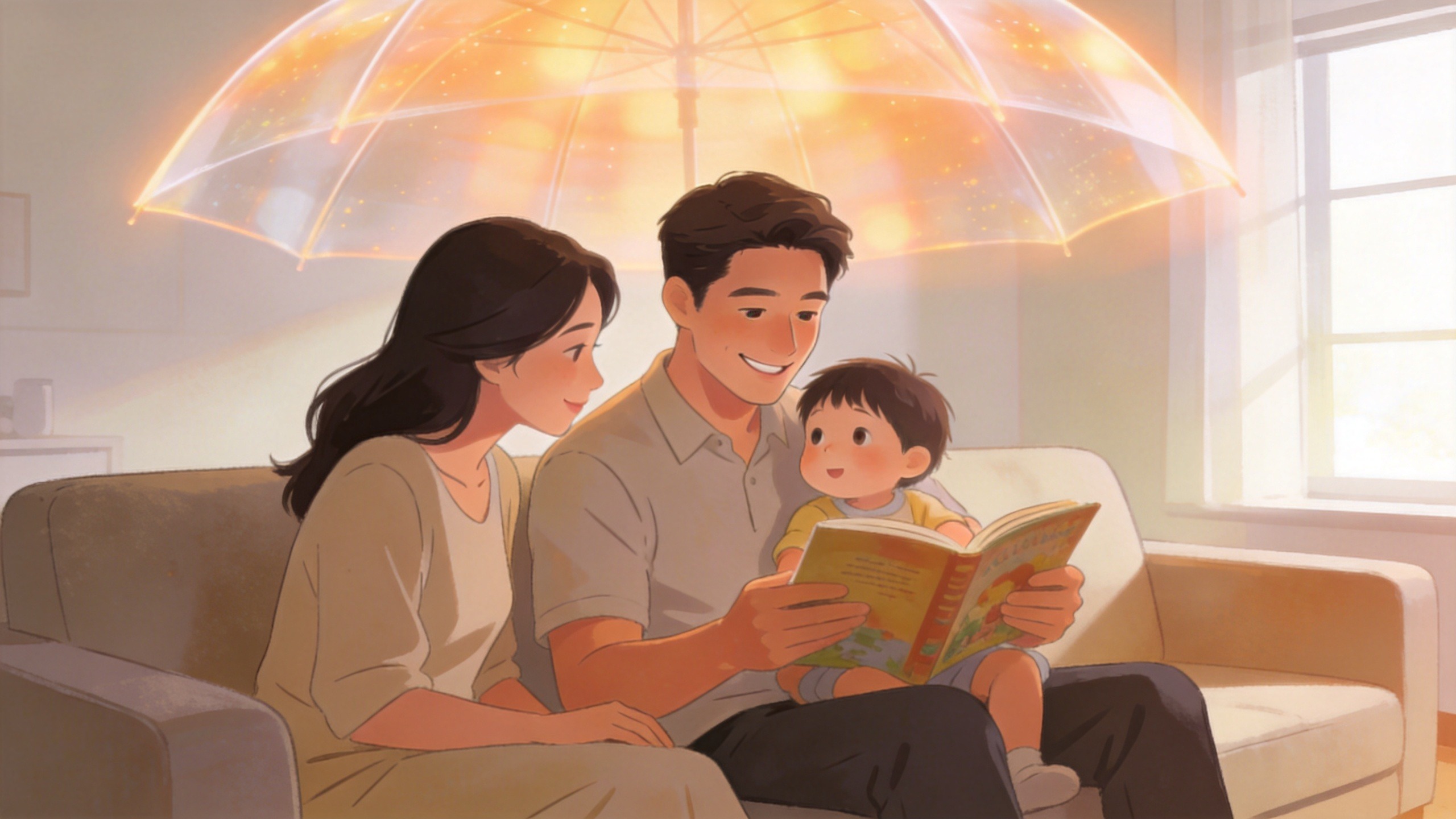 温馨家庭场景与象征保障的半透明保护伞插画