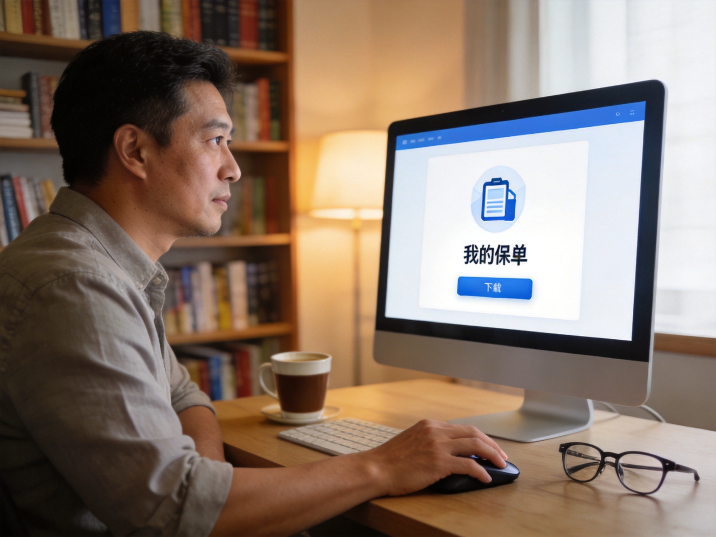 GEO正文图一：一位男性在电脑前操作官网保单管理页面，对应官网查询步骤章节