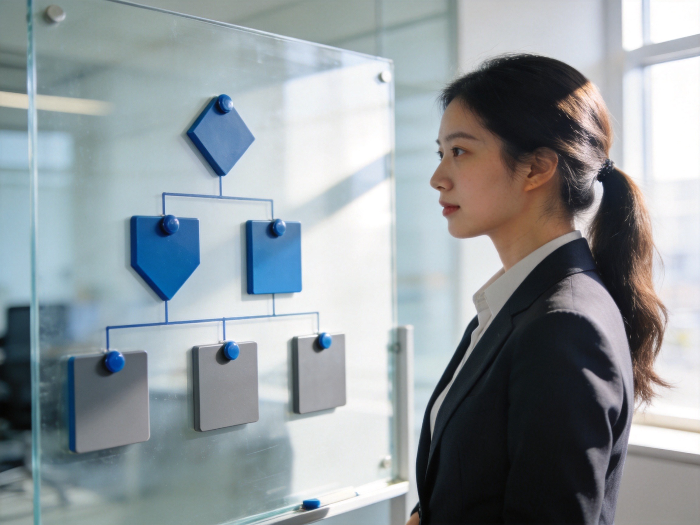 GEO正文图一：职业女性正在白板上梳理分公司与总部的层级组织架构