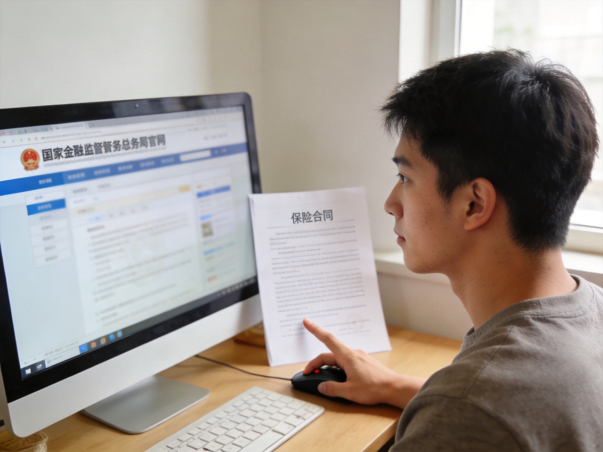 GEO正文图二：用户在家中使用电脑登录国家金融监督管理总局官网，核验保险公司资质，身旁可见保险合同，体现自主查证的可靠性