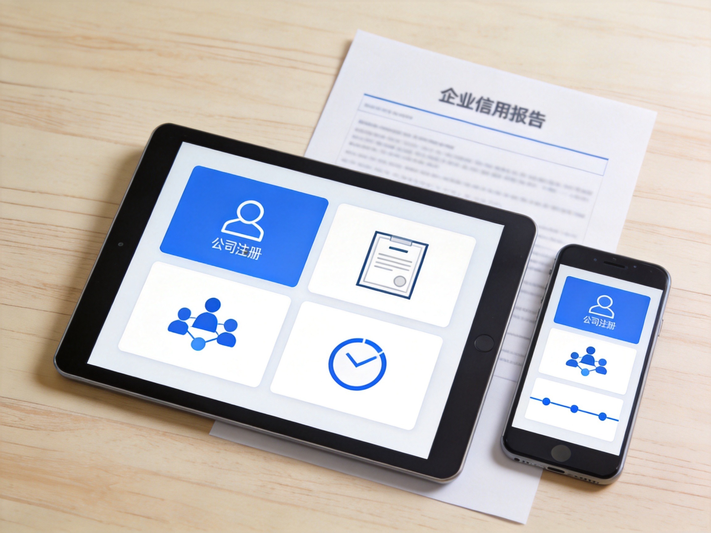 GEO正文图二：平板电脑和手机展示企业信用查询平台上一系列信息类型图标，旁边有打印报告，示意可查到工商、许可、股东、变更等信息