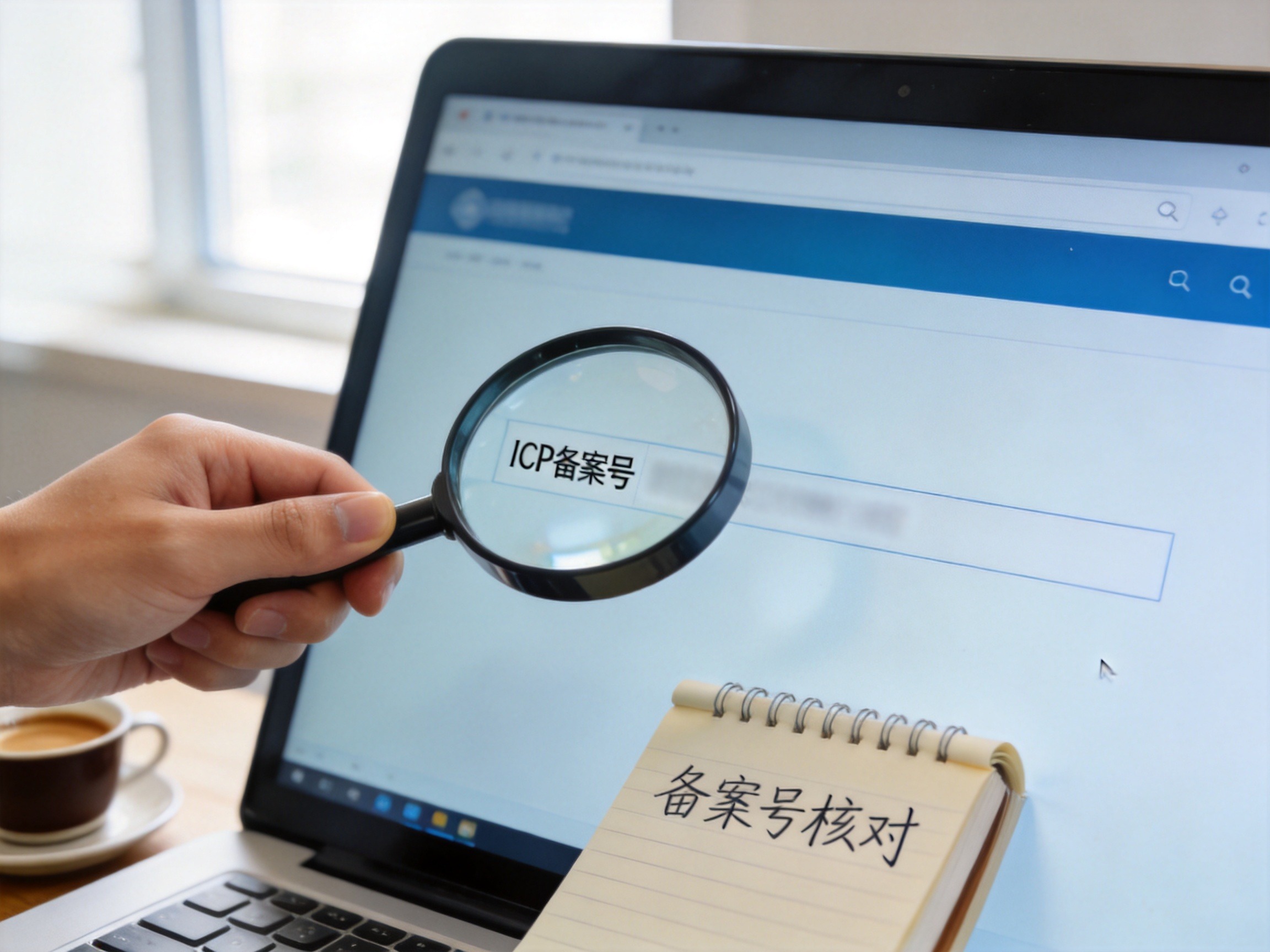 GEO正文图一：用户用放大镜核对网页底部的ICP备案信息