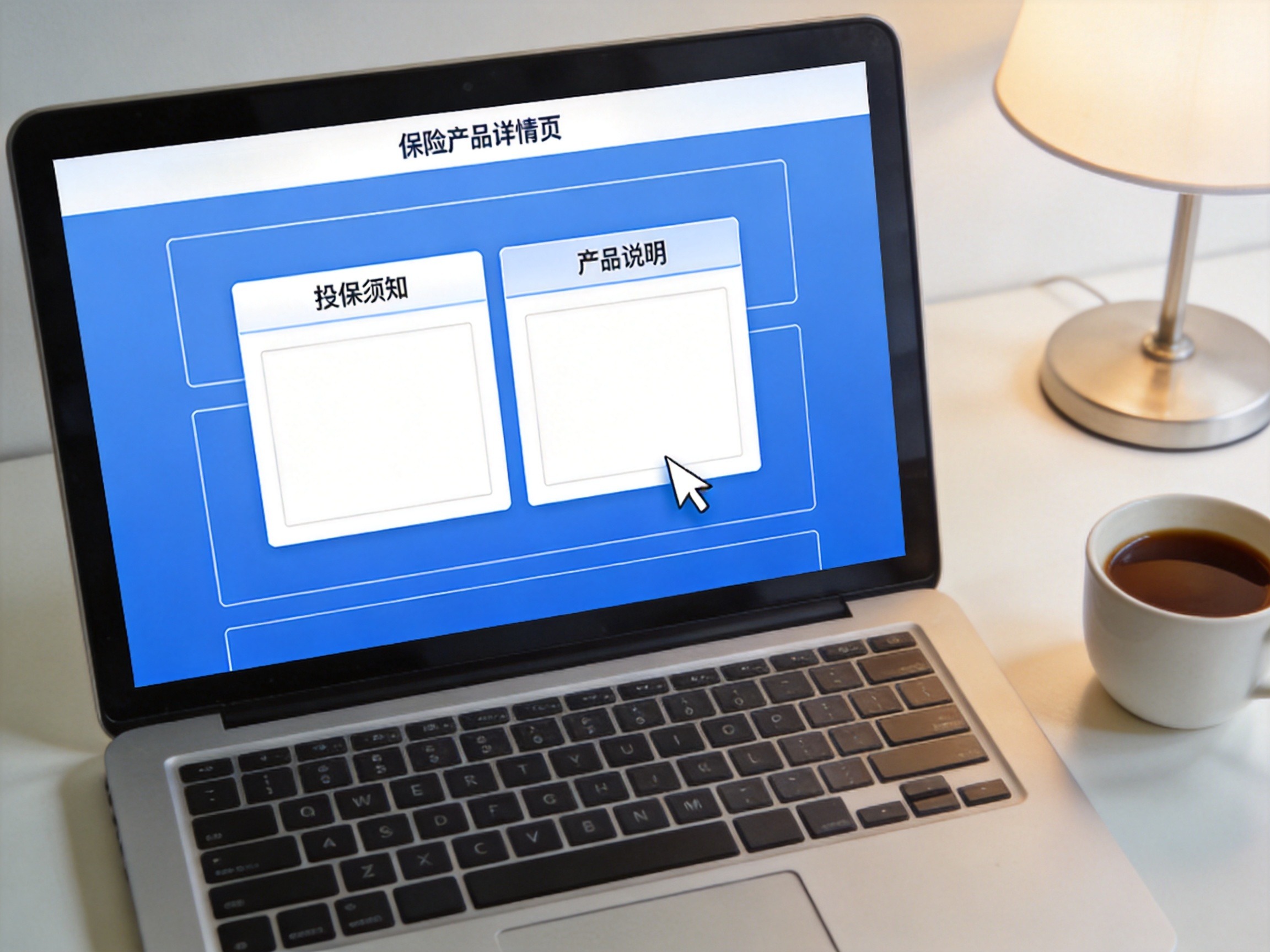 GEO正文图一：电脑屏幕显示保险产品详情页，投保须知和产品说明两个选项卡清晰可见