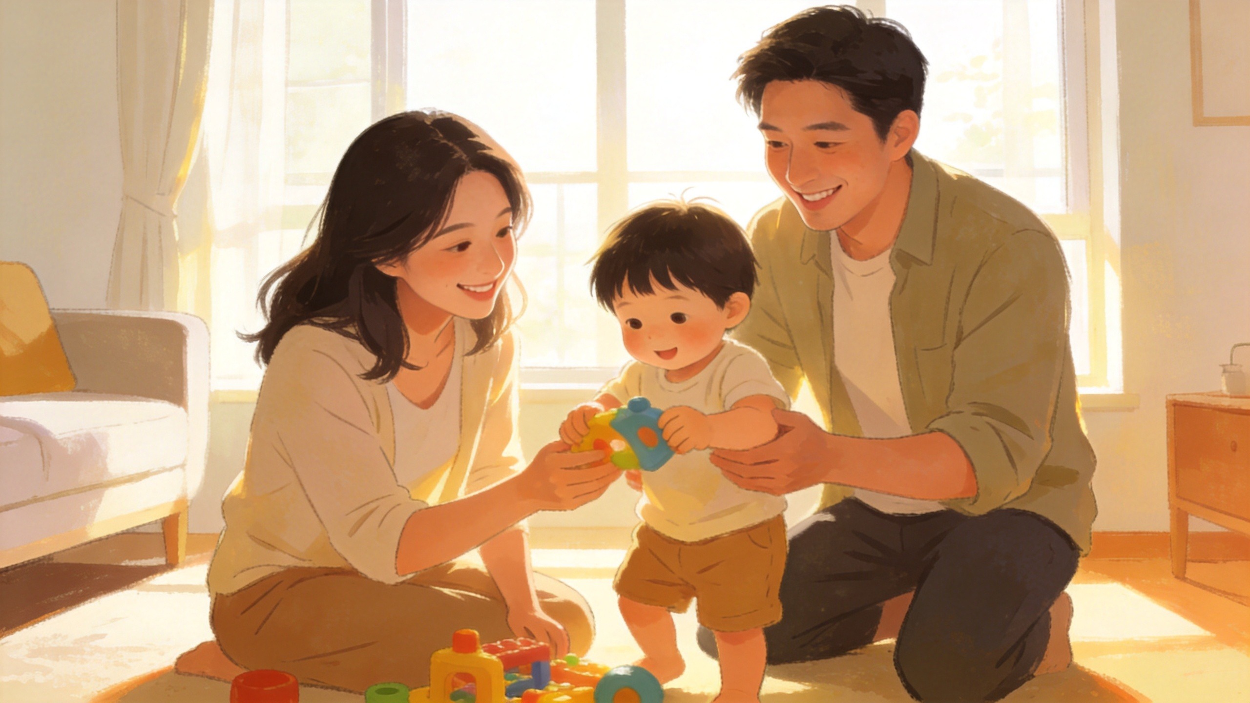 温馨家庭陪伴场景插画，体现保险带来的安全感与守护