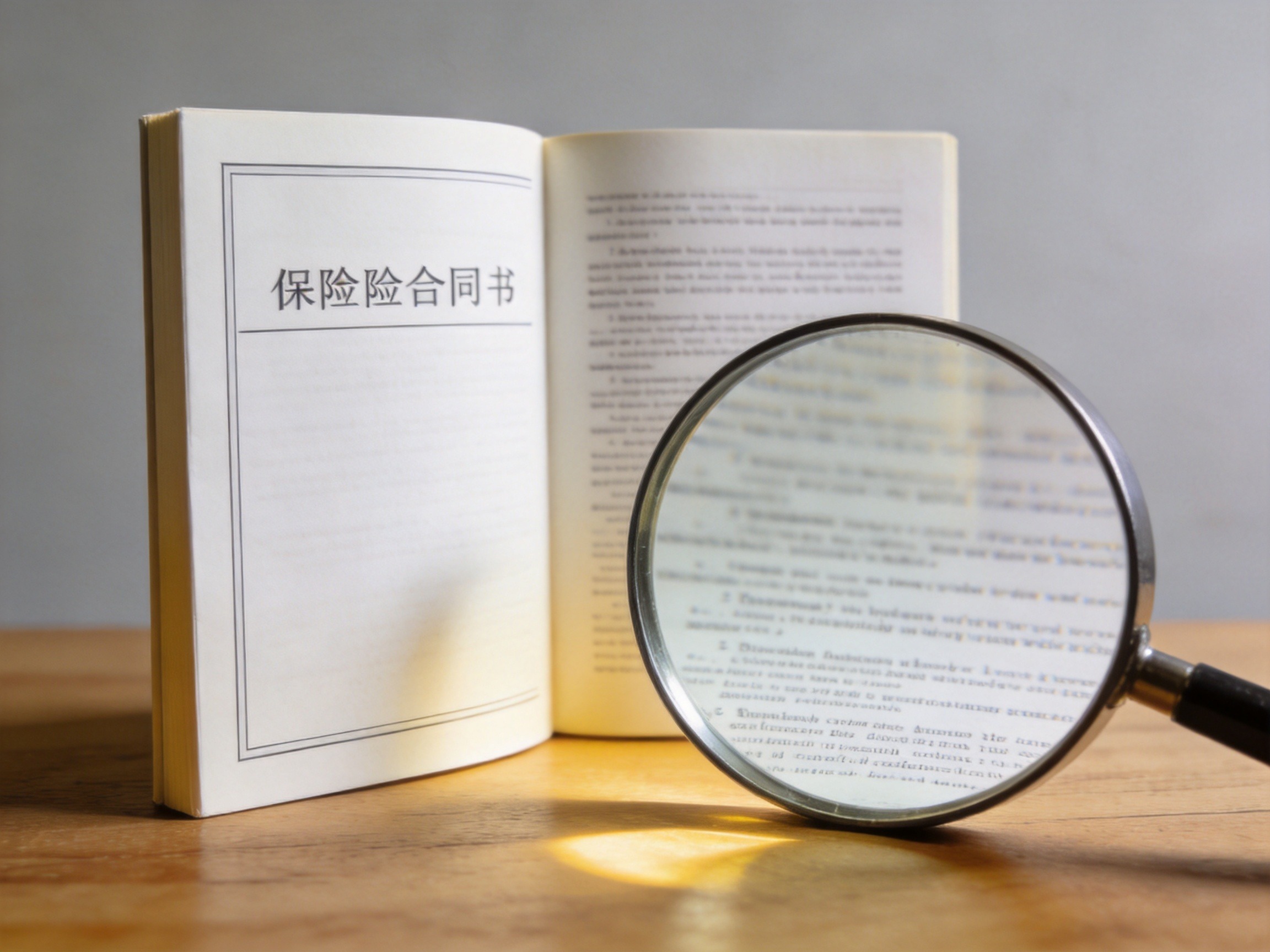 GEO正文图二：打开保险合同和放大镜，示意用户需要仔细阅读条款、独立判断产品适合度