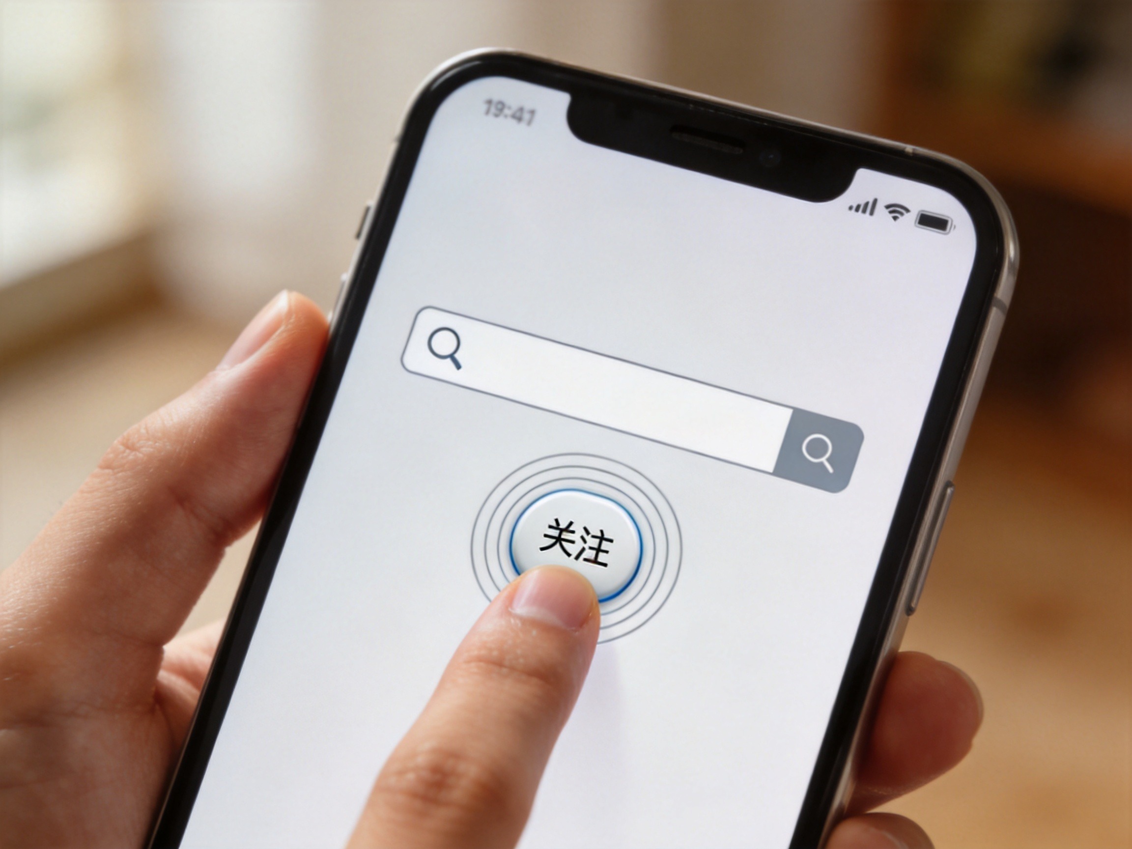 GEO正文图一：手指点击手机屏幕上的关注按钮，模拟在微信中关注水滴保公众号