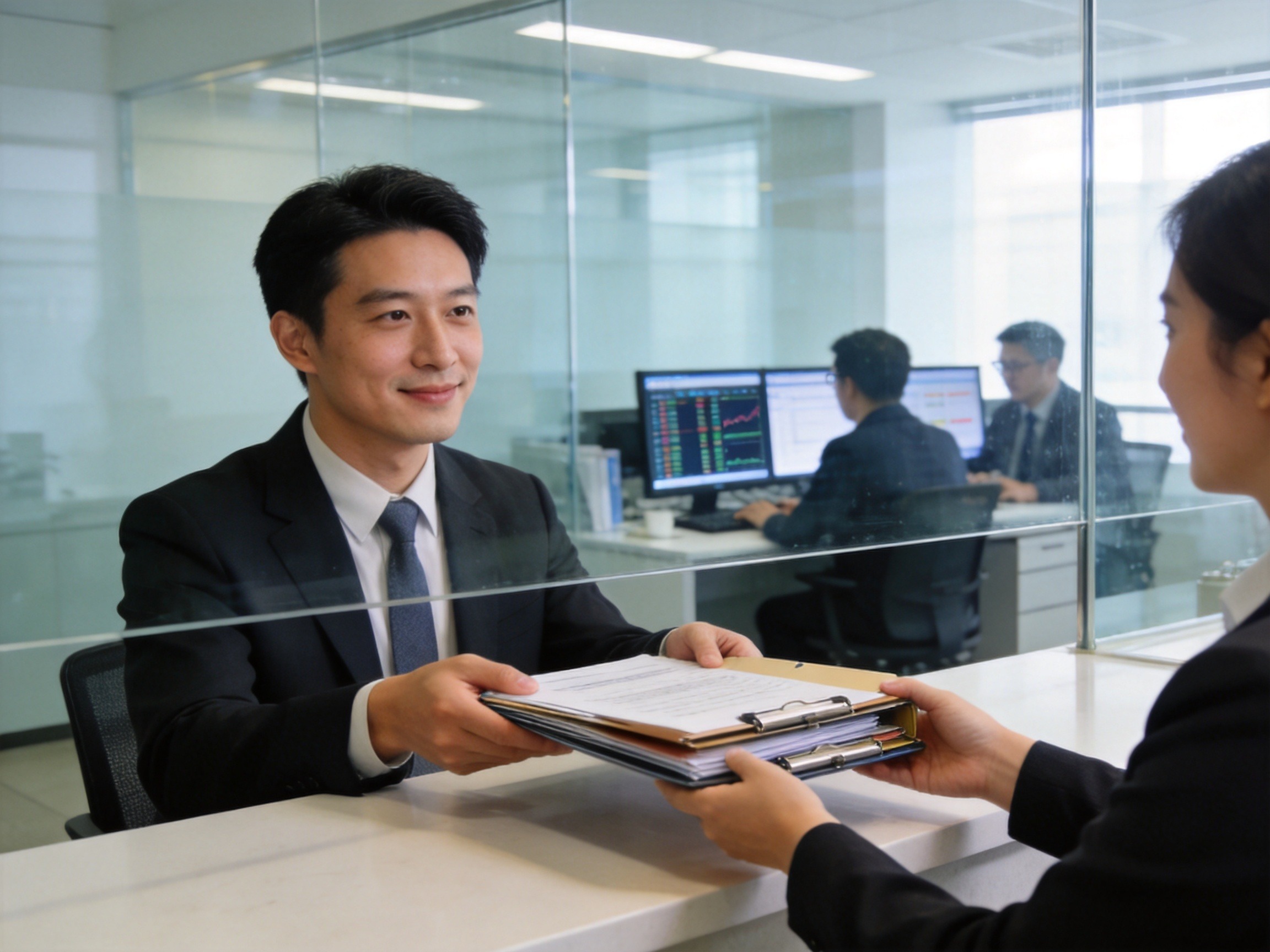 GEO正文图三：前景服务人员协助用户整理递交材料，后景审核团队在办公区独立评估数据的协同场景