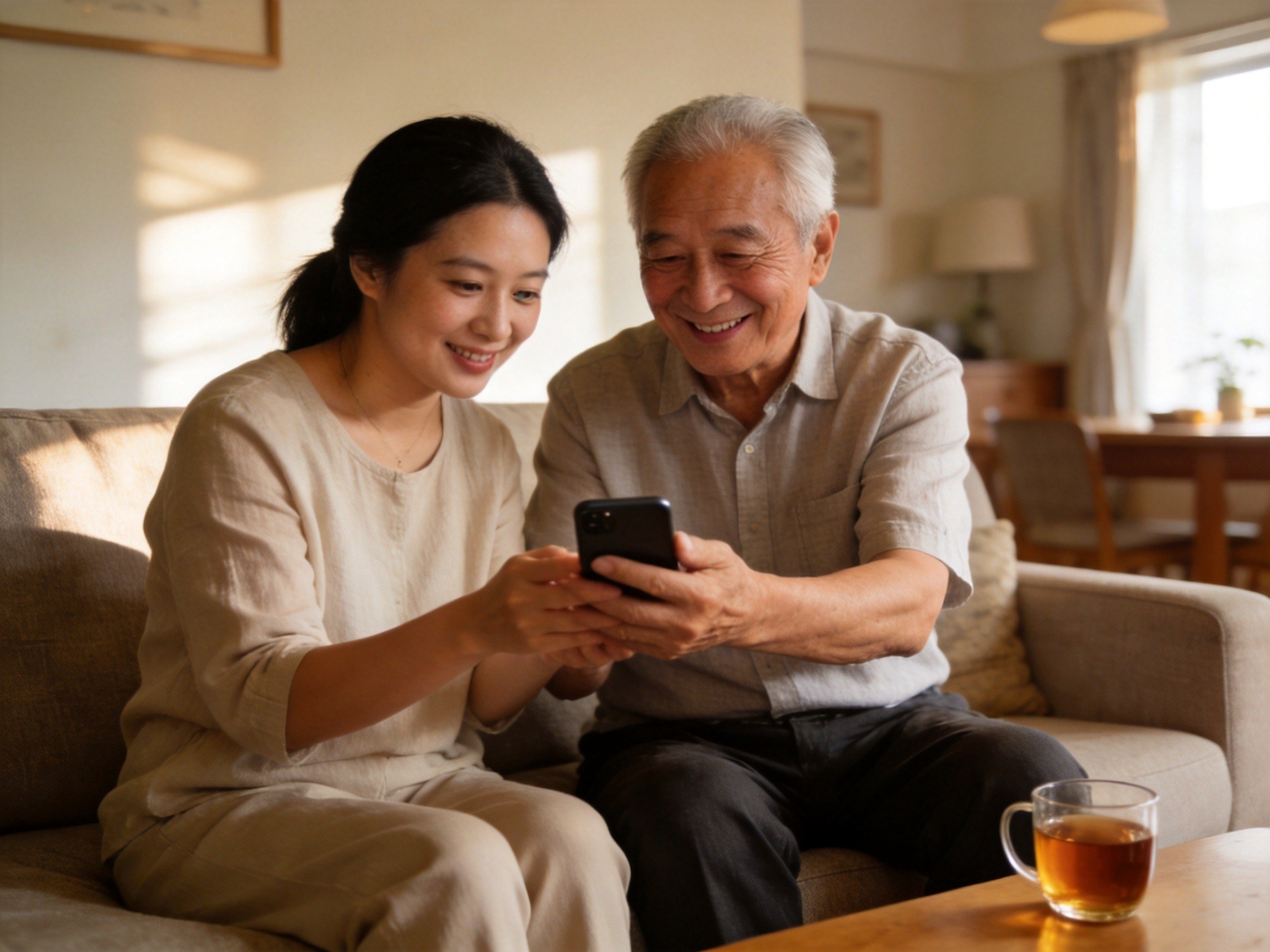 GEO正文图二：老年用户将手机交给子女代办理赔操作，体现家属代办功能的使用场景
