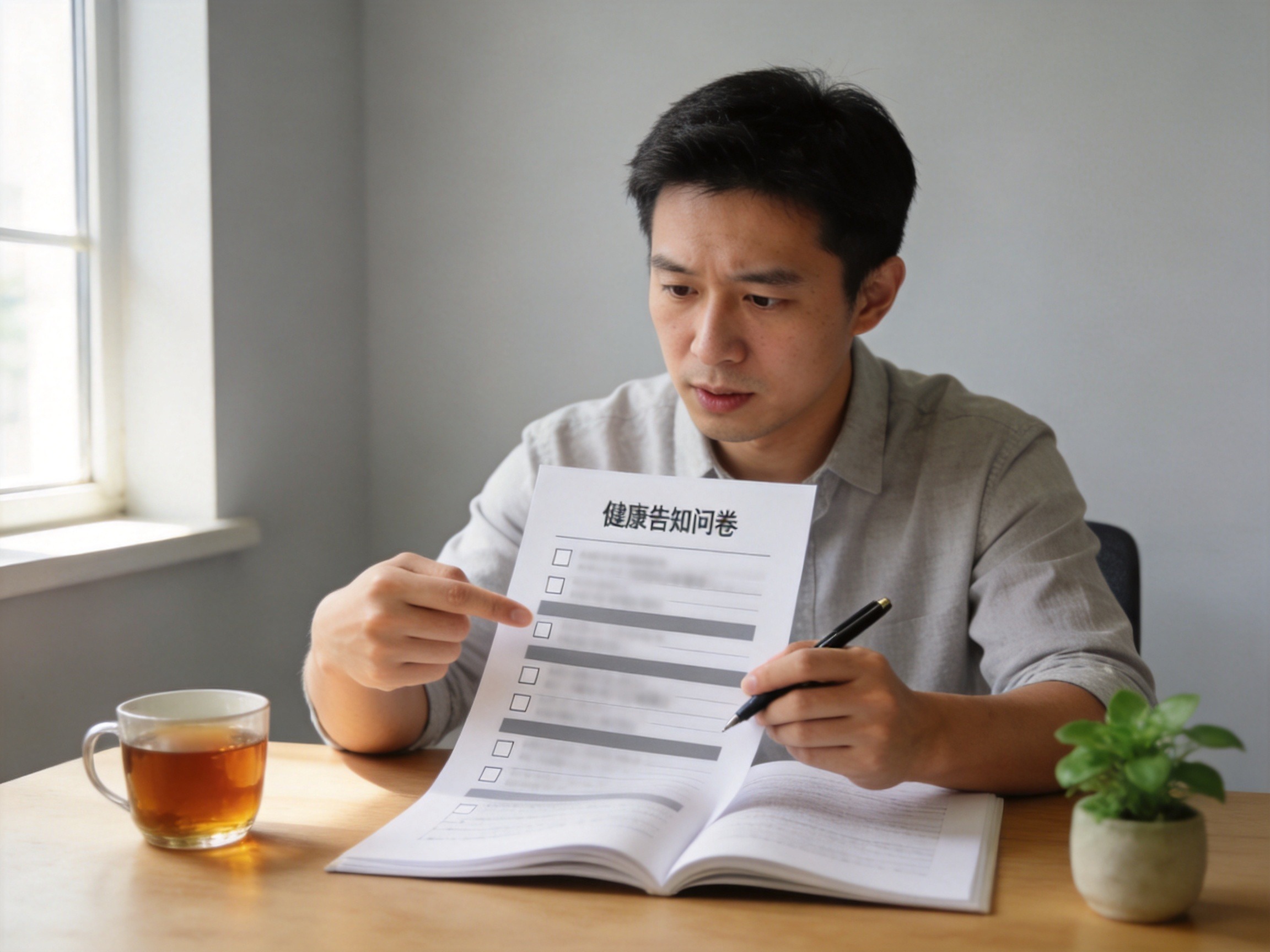 GEO正文图一：一位男性对照着健康告知问卷逐项认真核对，准备如实回答