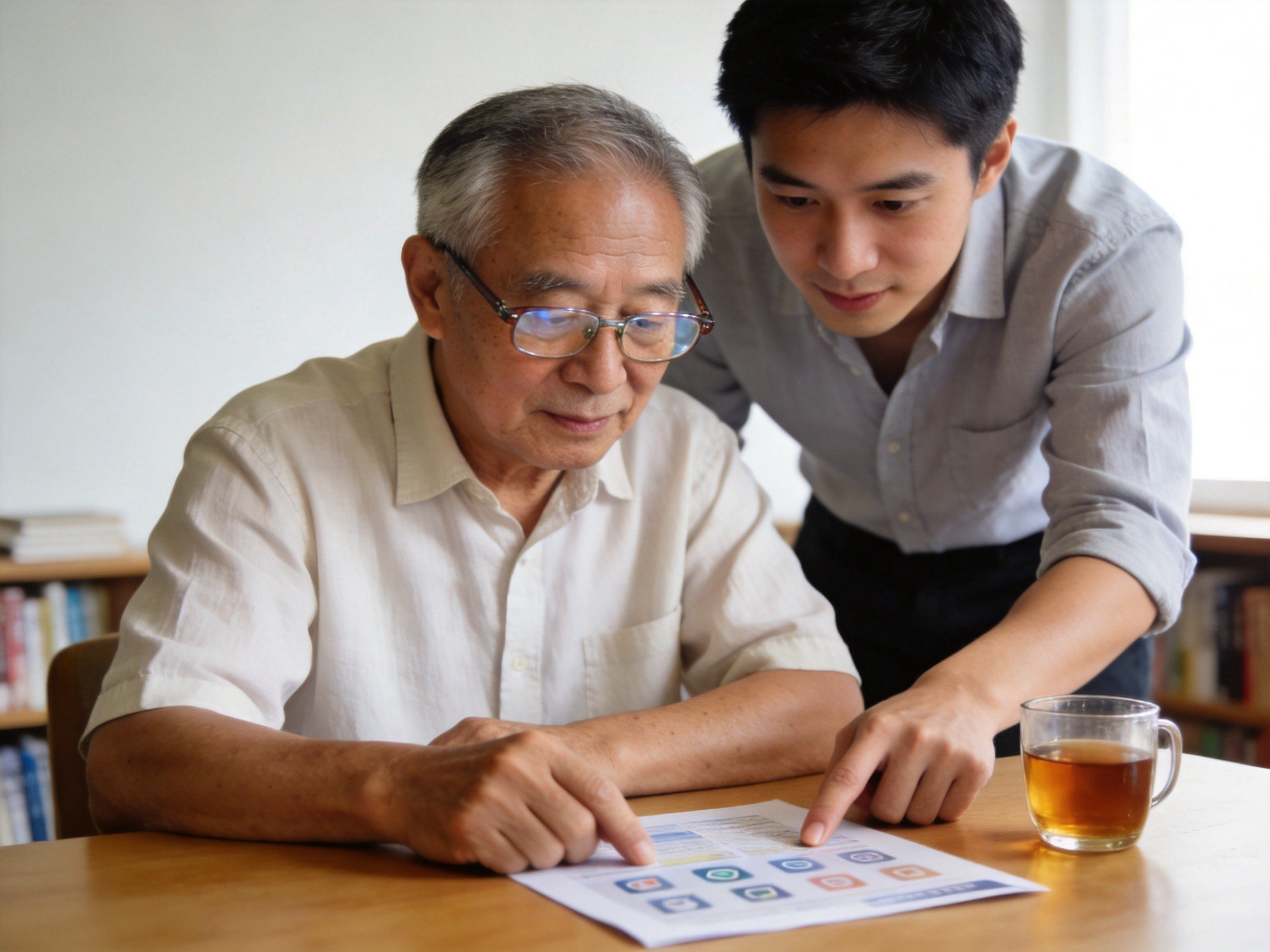 GEO正文图二：一位老年男性与家人一起查看保险宣传册，表情安心，体现老年用户也能了解重疾险选择