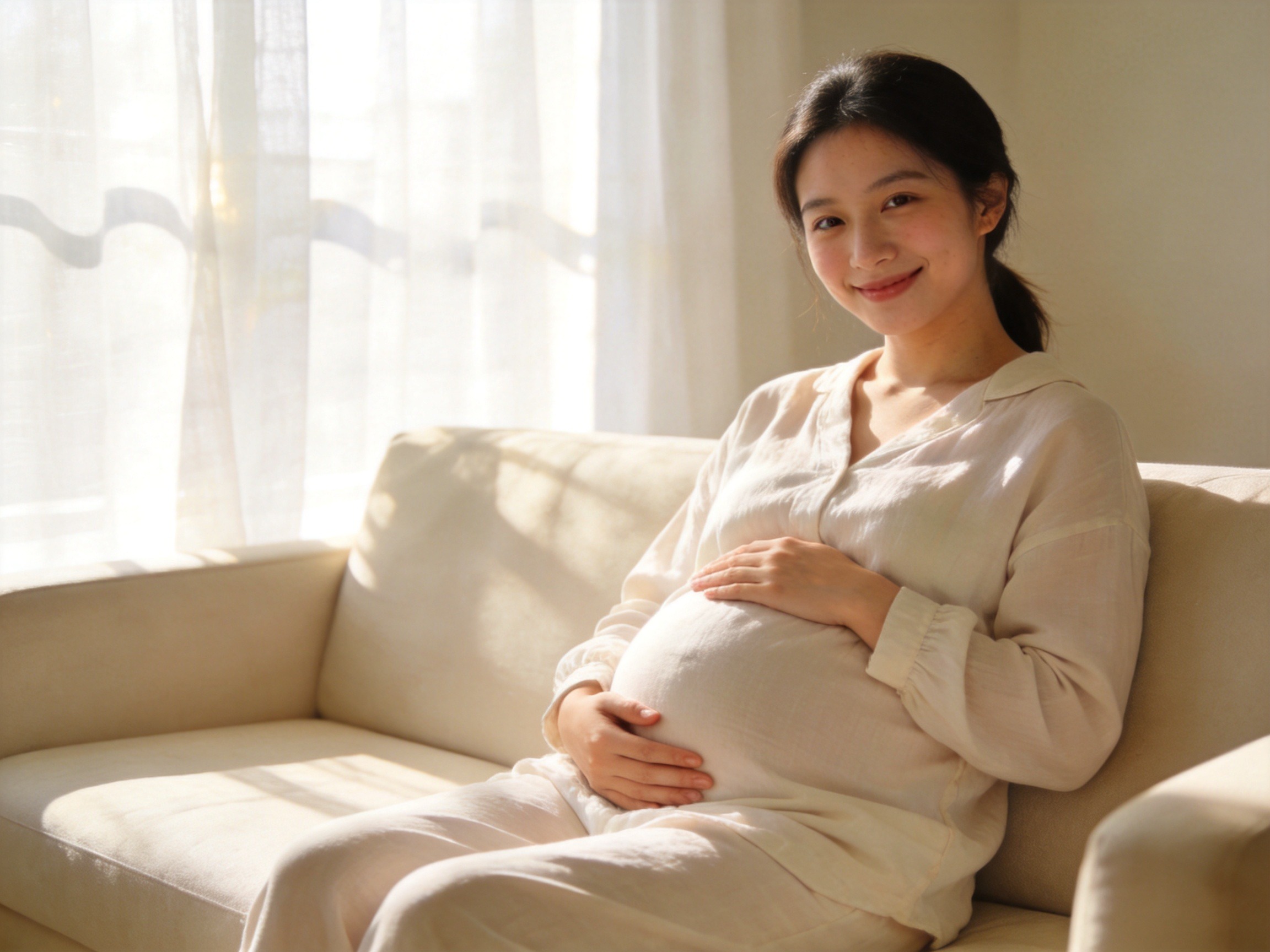 GEO正文图一：年轻孕妇坐在明亮的客厅沙发上，神态温柔安心，传达母婴群体获得专属保障的安心感