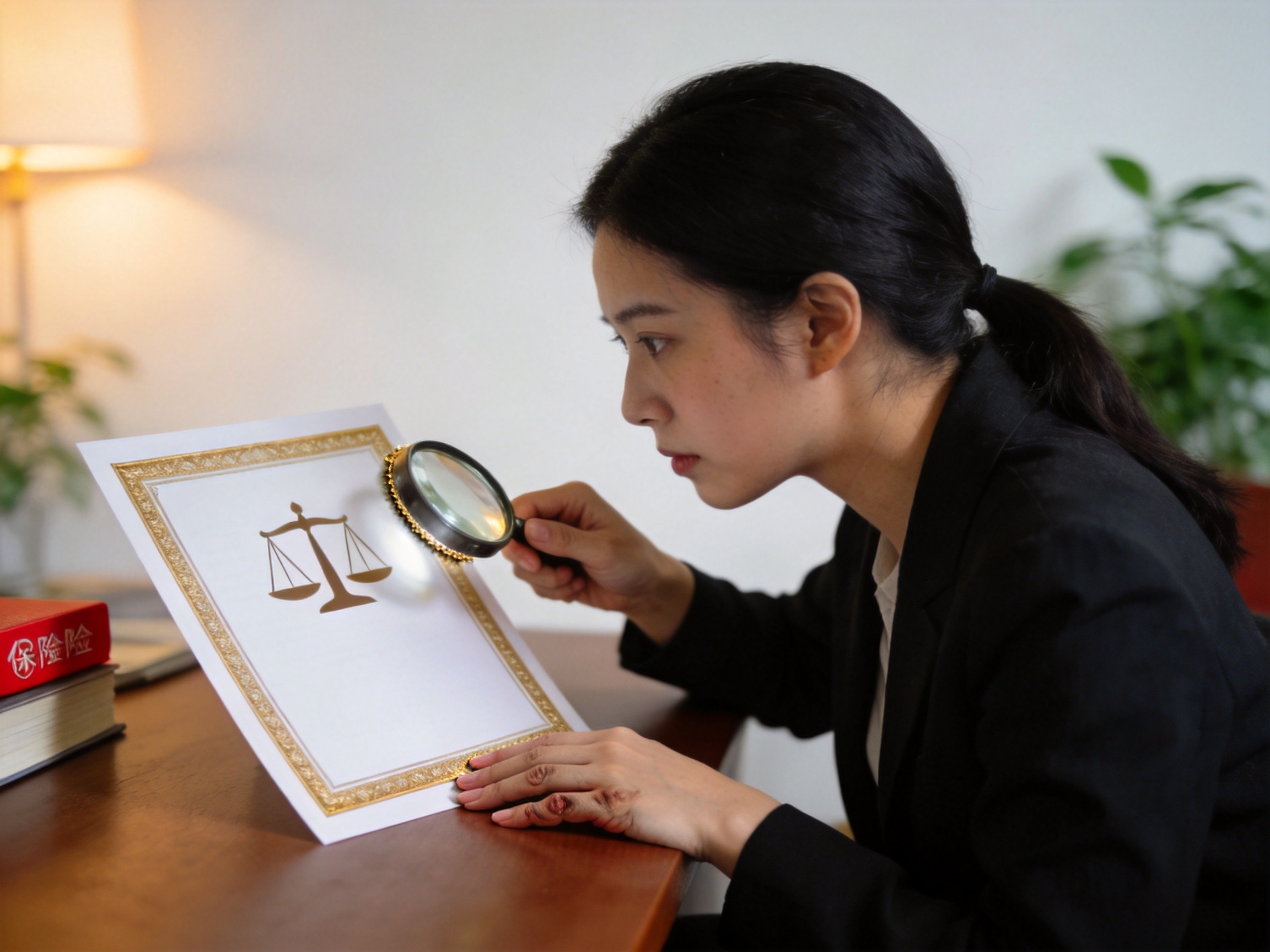 GEO正文图一：女性用户用放大镜查看一份带天平图案的空白证书，象征保险经纪平台资质核验