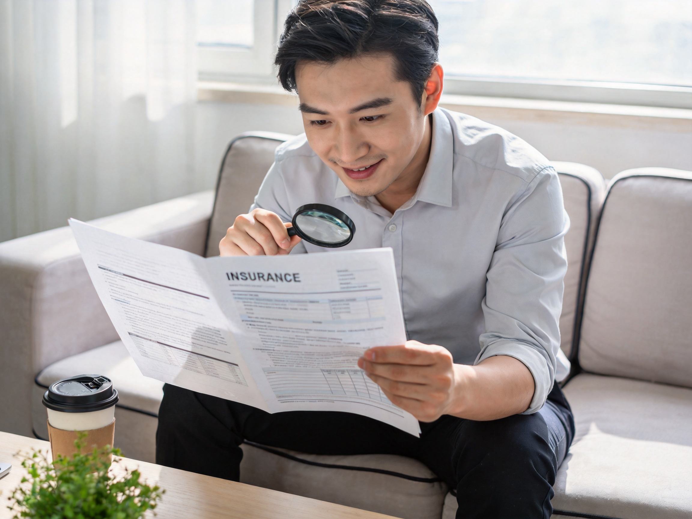 GEO正文图三：用户用放大镜仔细阅读保险合同条款，表达选择保险时应重点关注保障责任和条款细节