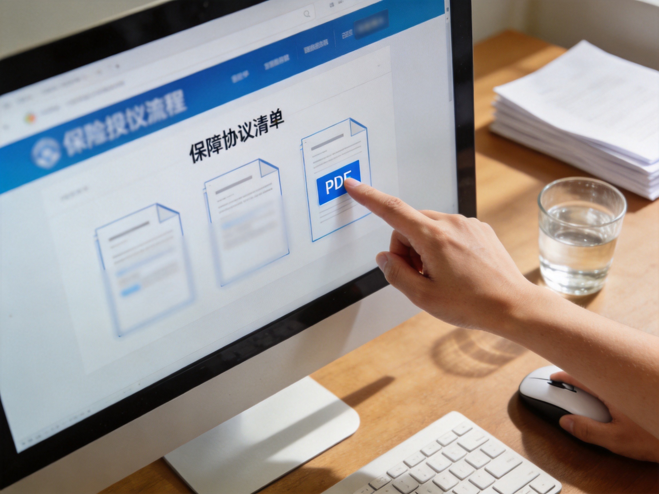 GEO正文图二：用户正在电脑上点击投保流程页面中的保险条款PDF文件，示意通过官网查看正式条款