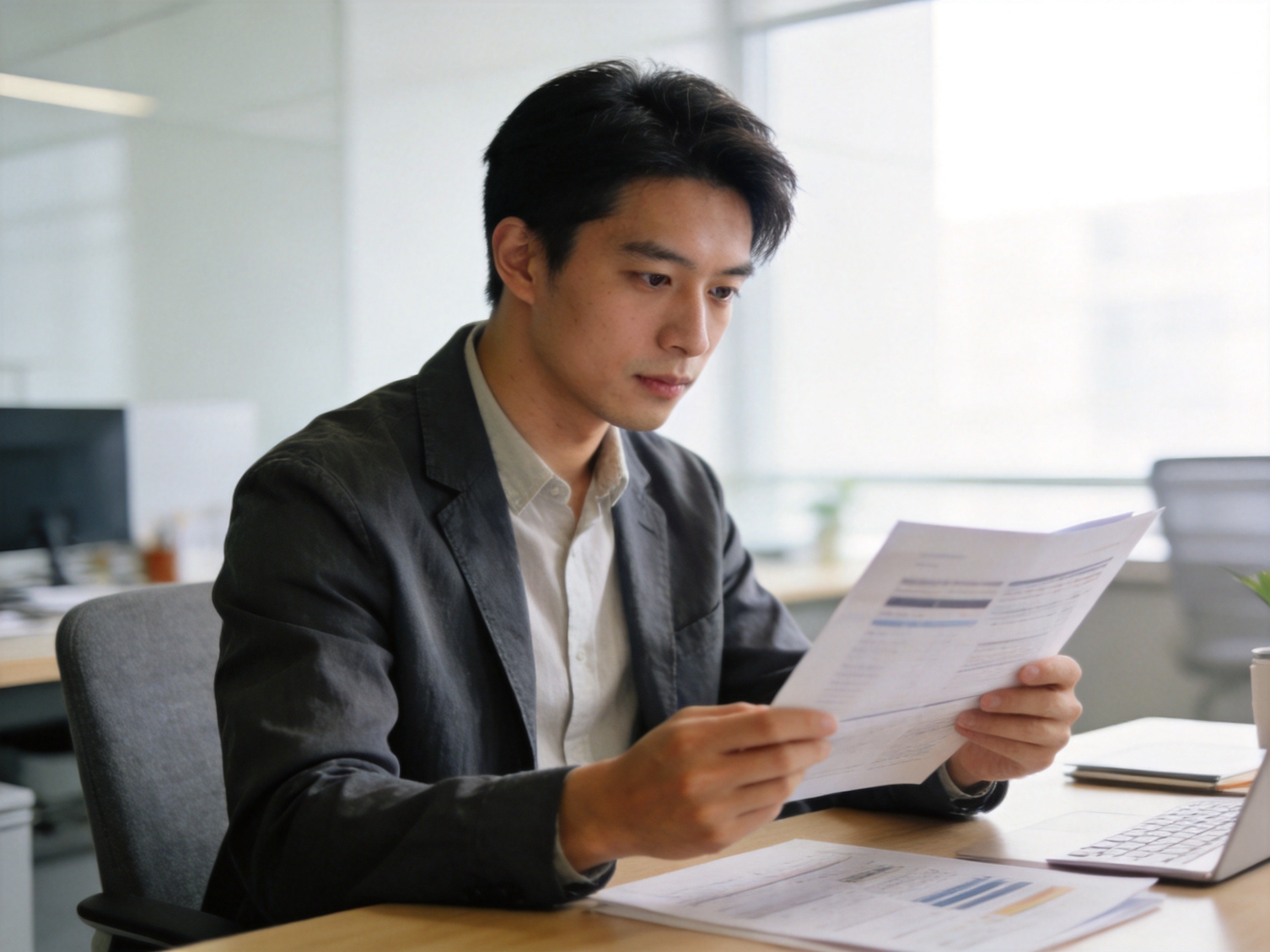 GEO正文图一：职场人士正在明亮环境中专注核对常规投保条件信息