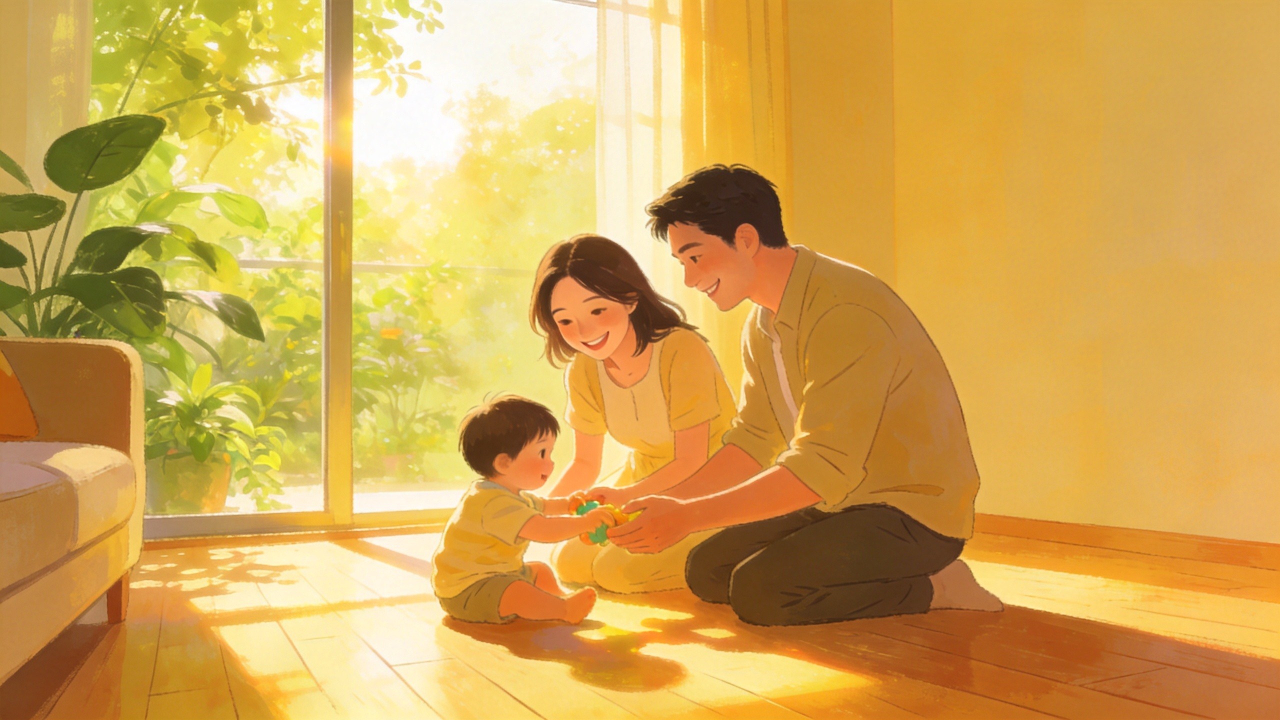 温馨家庭场景插画，体现保险带来的安全感与日常守护。