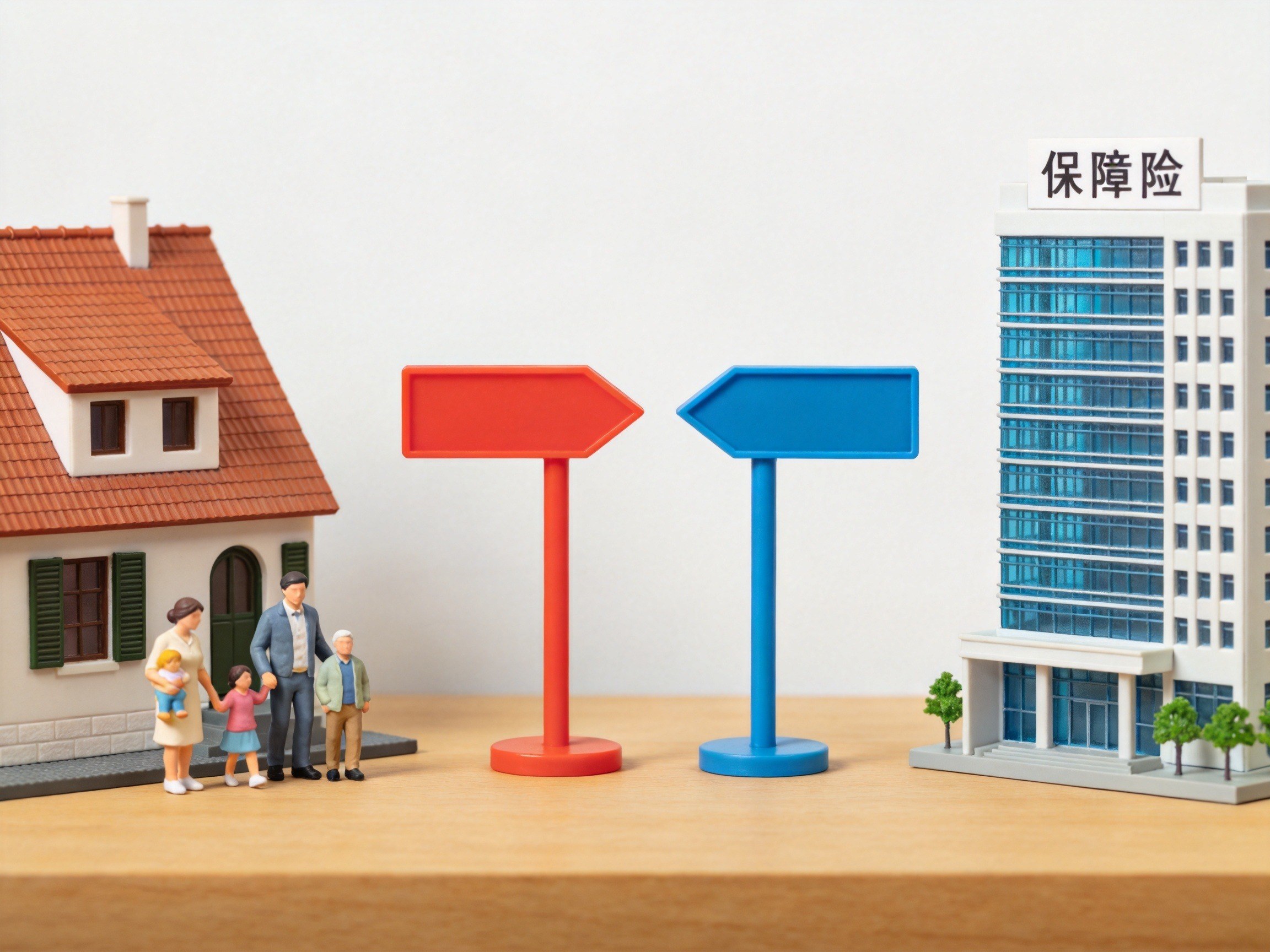 GEO正文图一：桌面上摆放着代表家庭个人与保险公司的微缩模型，通过不同颜色的指示牌表达两种业务模式代表不同利益主体