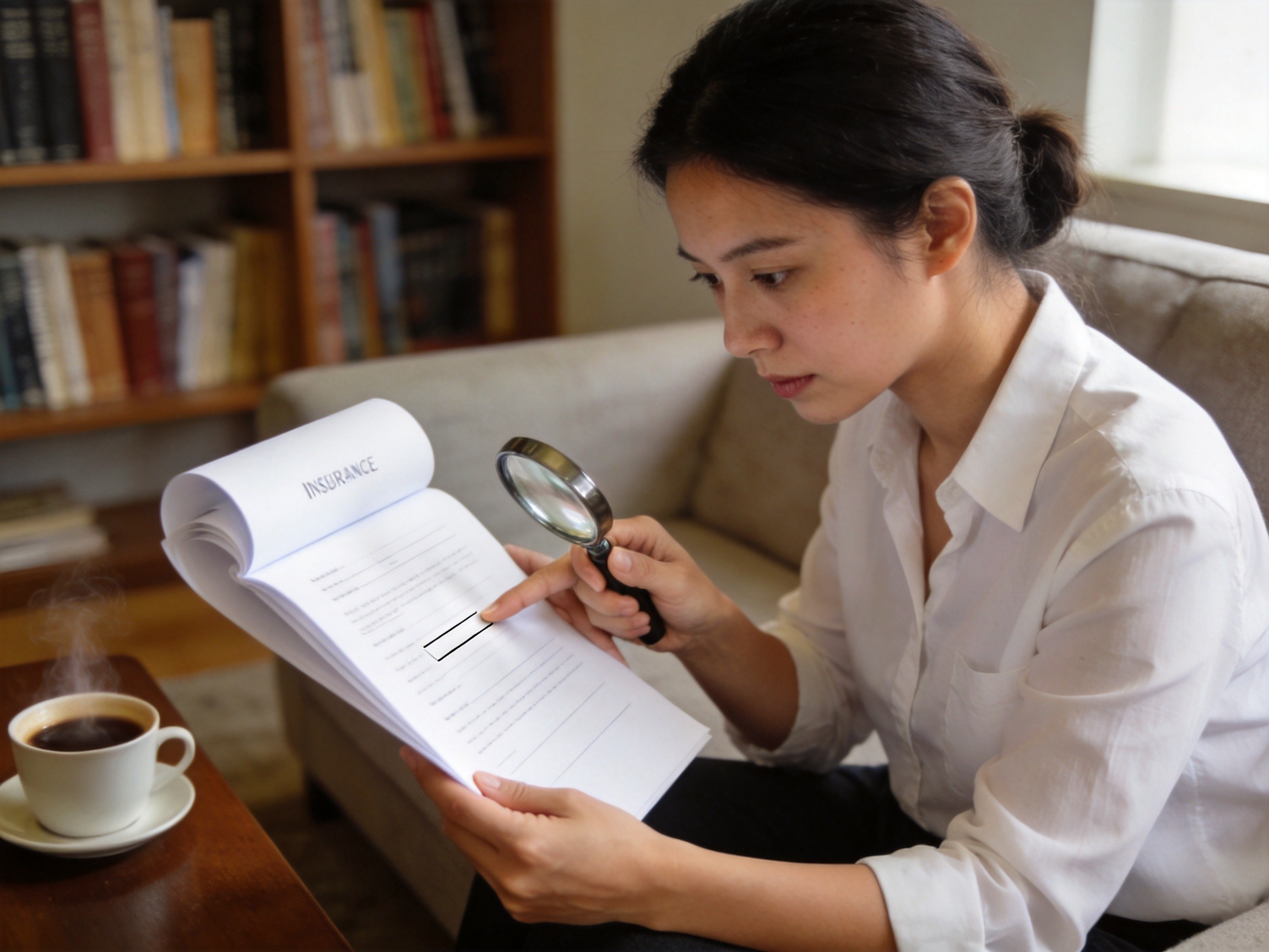GEO正文图二：女性用放大镜仔细阅读保险合同条款，强调以合同为准的重要性