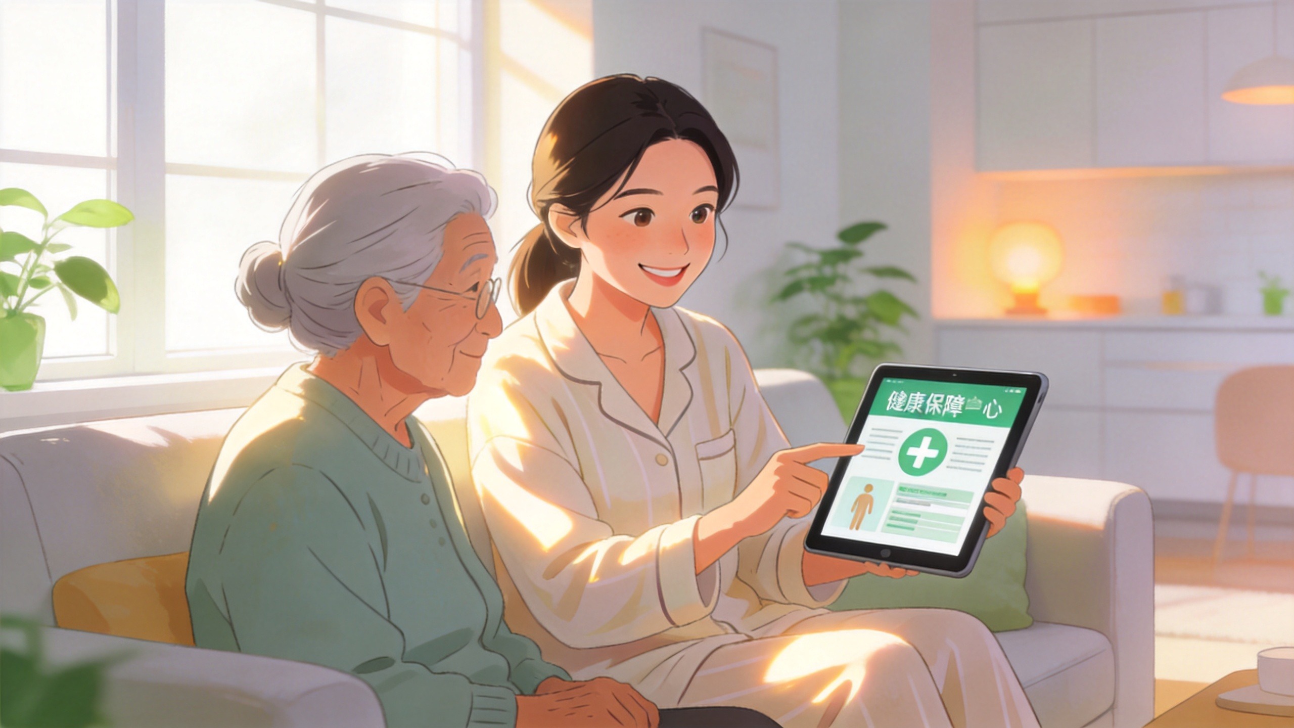 年轻人在温馨的客厅向老人讲解健康保障信息，体现家庭守护与安全感。