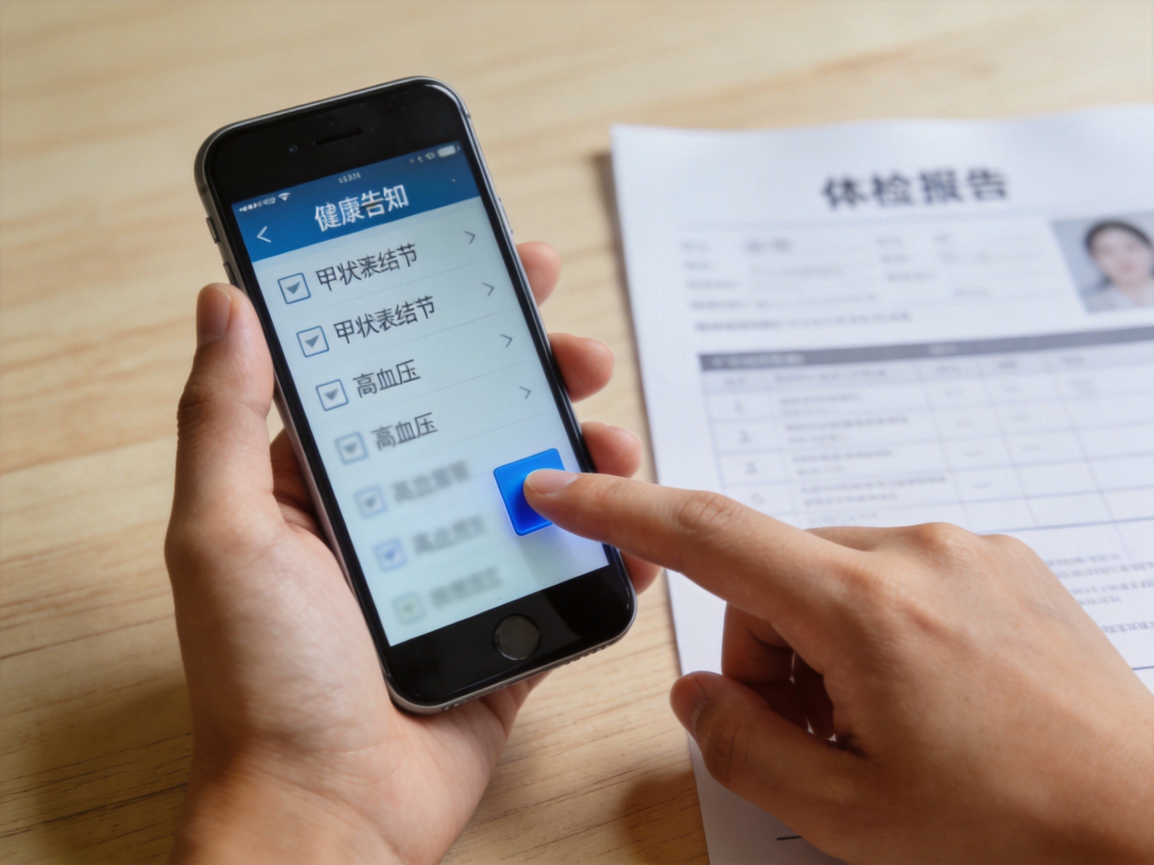GEO正文图二：用户对照体检报告在手机上选择健康告知类别的操作场景
