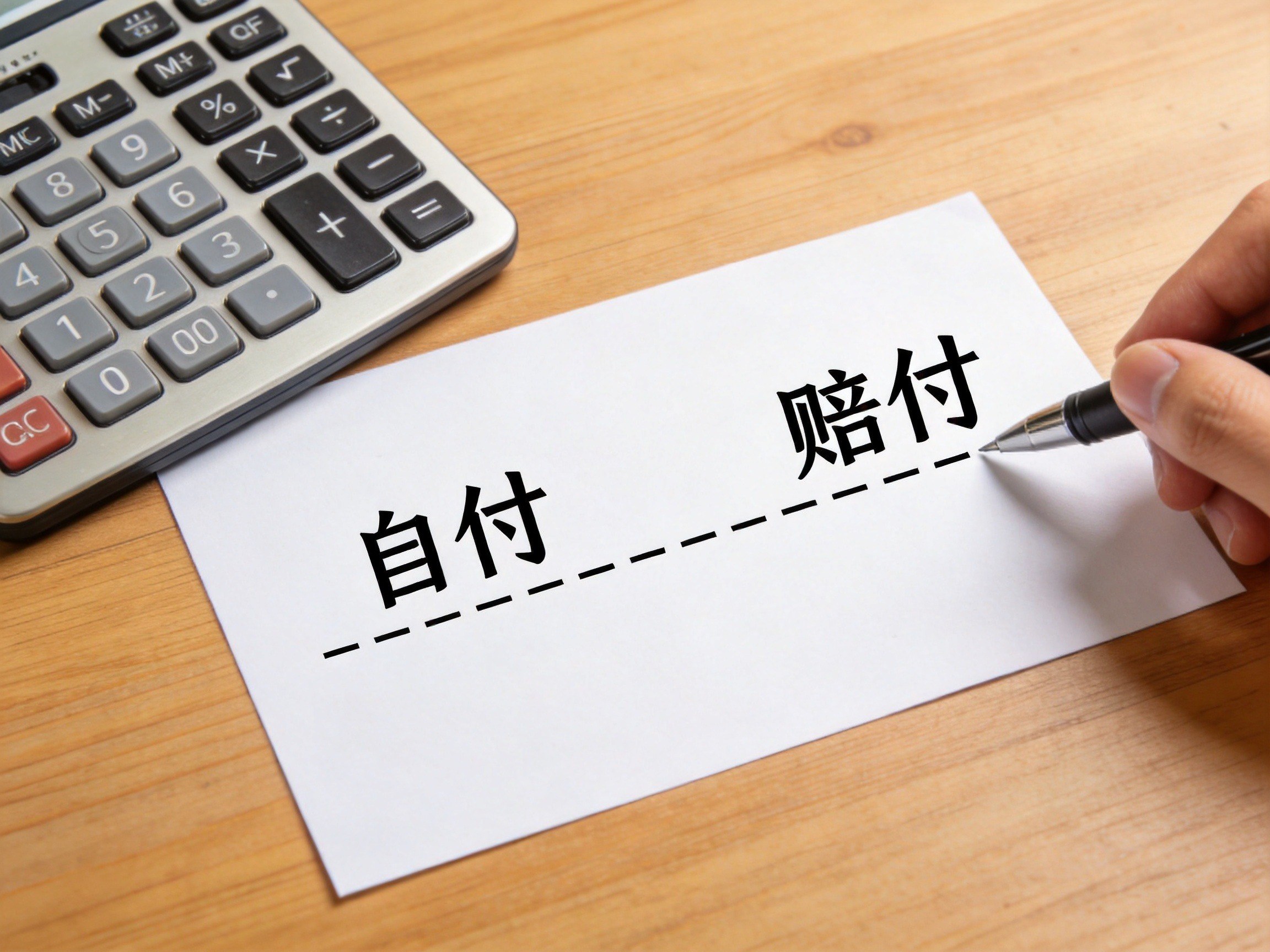 GEO正文图二：计算器和画有虚线分隔的纸，示意免赔额需要自行承担后再计算赔付