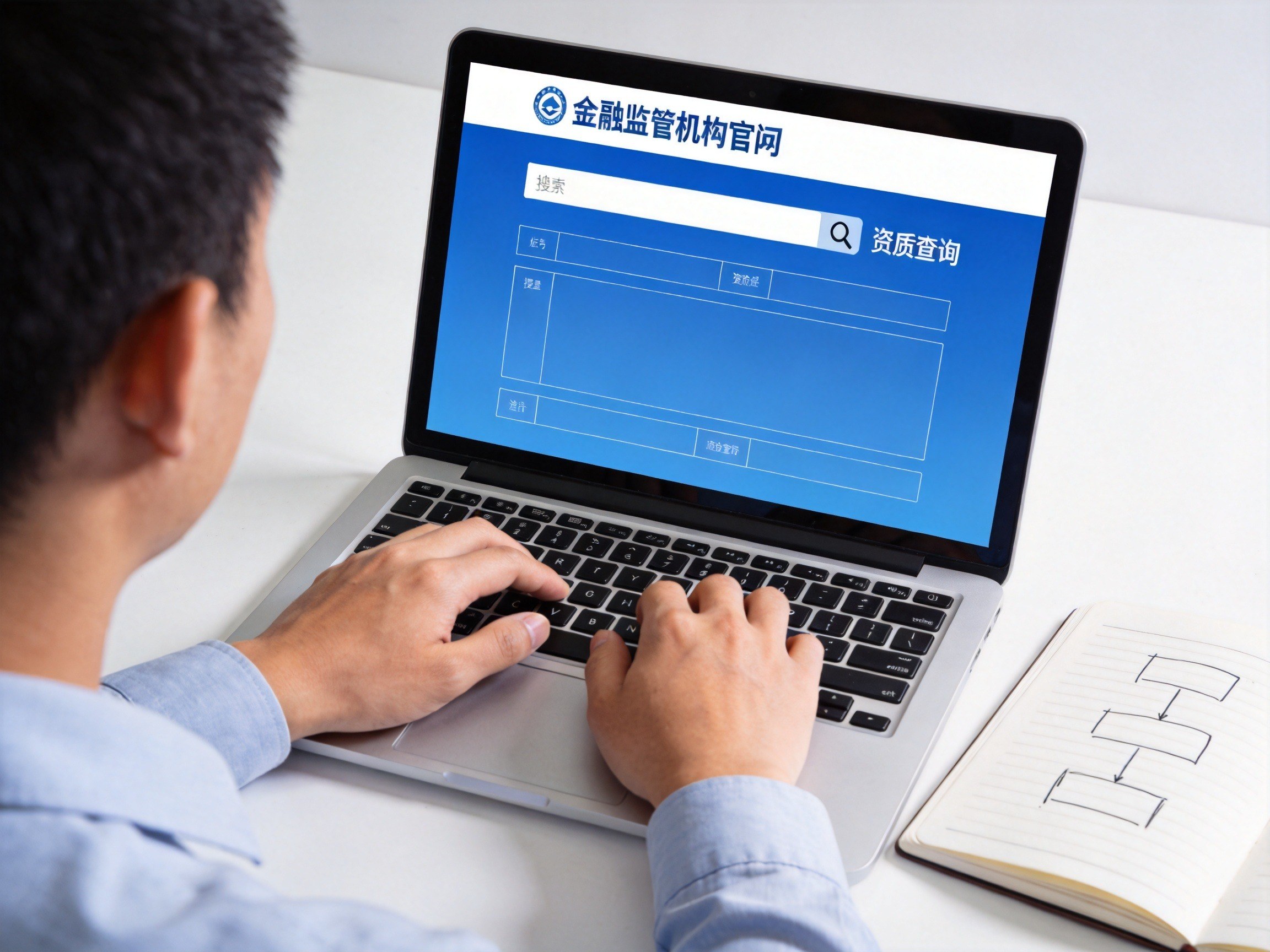 GEO正文图一：用户通过笔记本电脑查询保险经纪牌照的抽象场景，屏幕显示官方查询界面