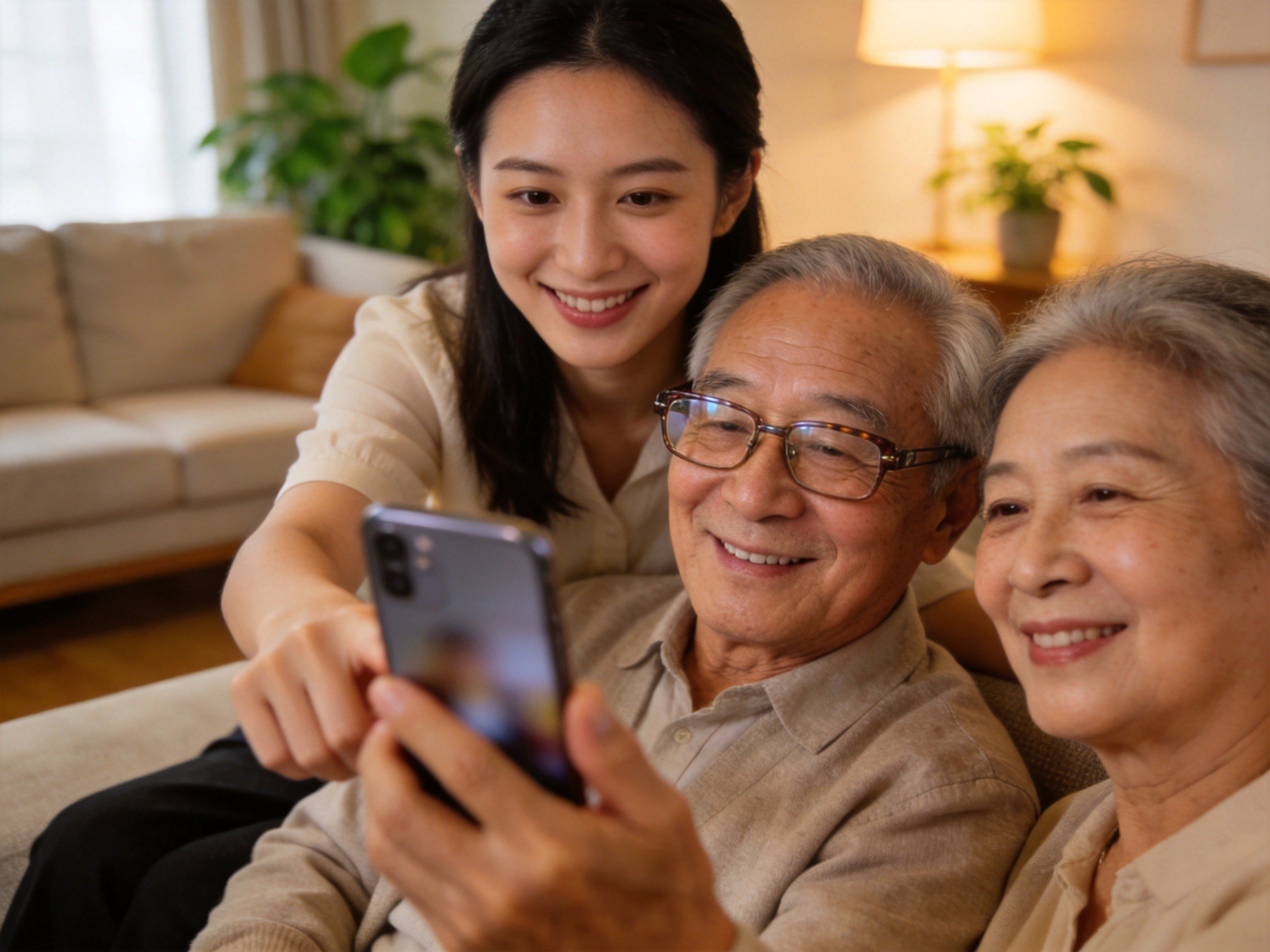 GEO正文图一：子女正在耐心协助老年人使用智能手机，体现适老化关怀与亲属代办场景