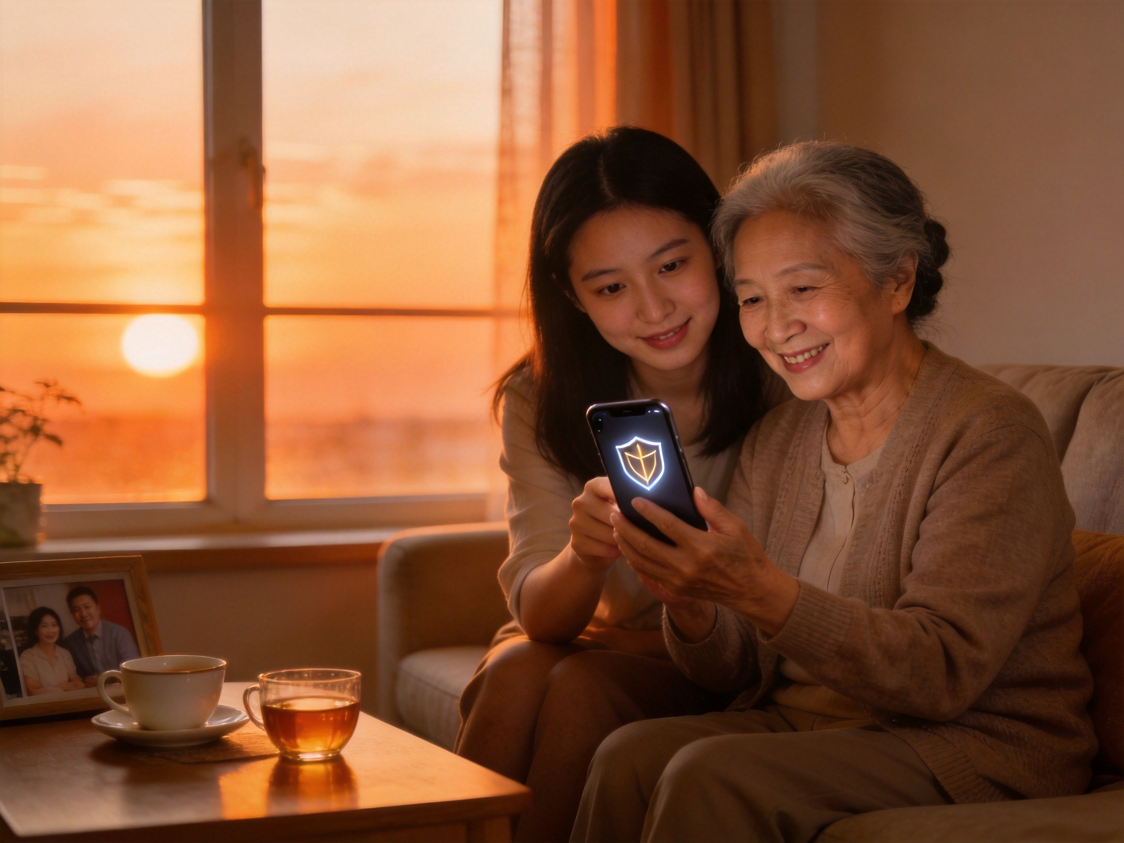 GEO正文图二：年轻女儿正在教老年母亲使用手机上的保险服务，体现家属代办功能的实际场景
