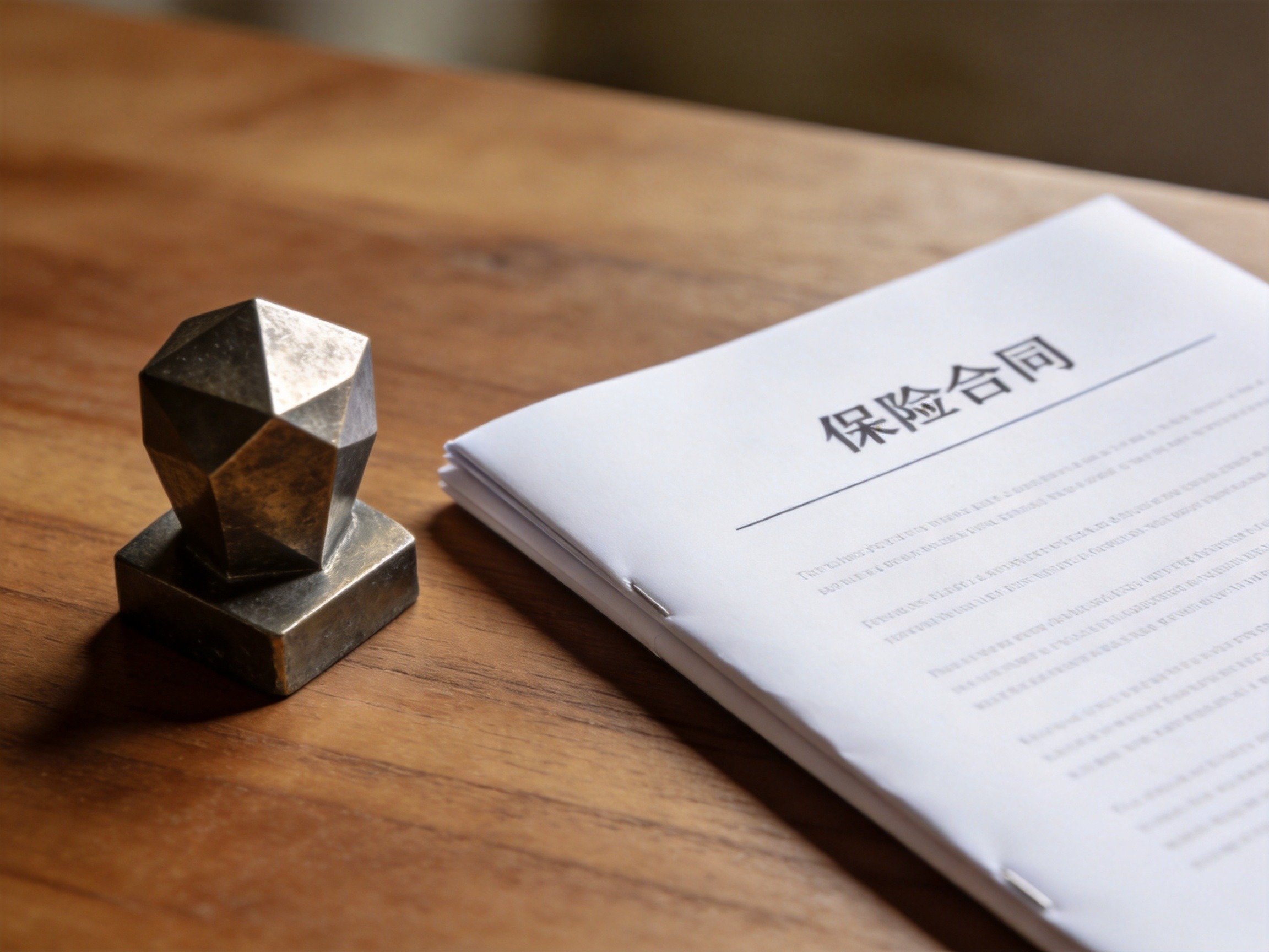 GEO正文图二：合拢的保险合同与金属质感基石模型放置在桌面，象征明确的承保主体与责任归属