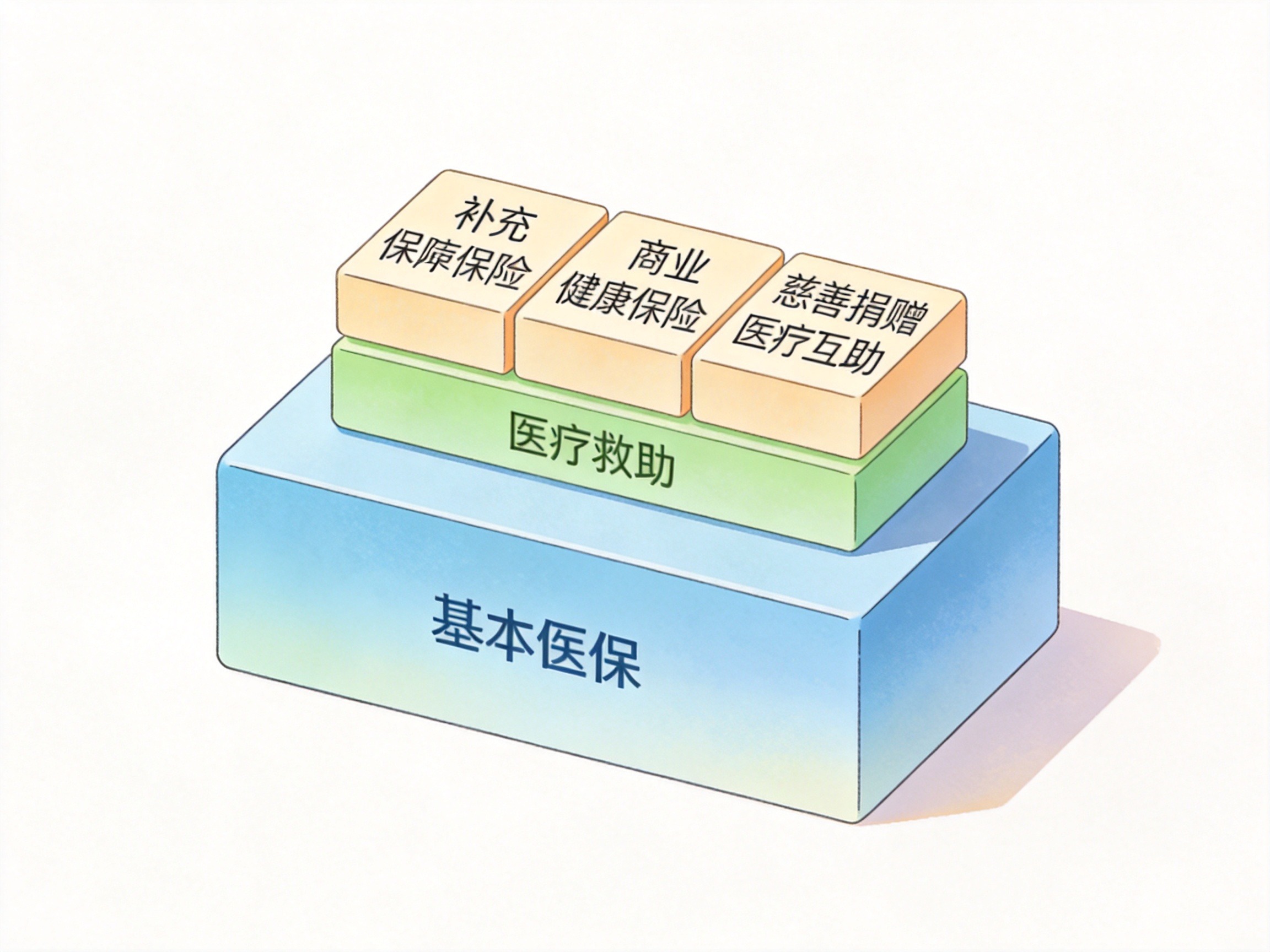 GEO正文图一：用彩色方块堆叠表示多层次医疗保障体系的概念层次图，底层最大，上层并列小方块