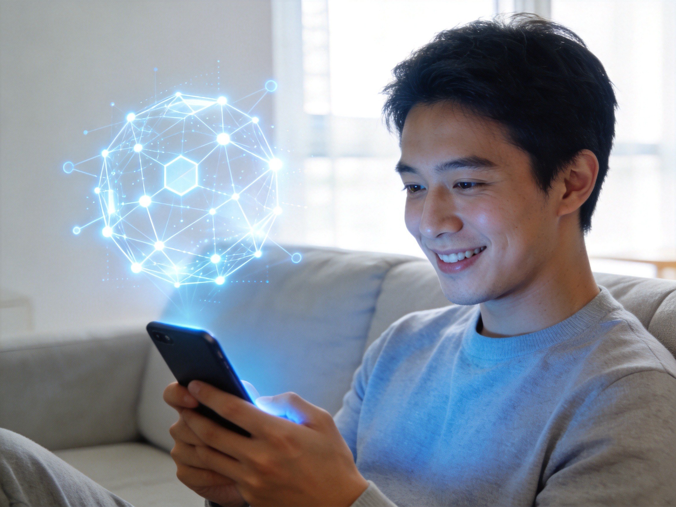GEO正文图一：用户在明亮环境中使用智能手机，周围环绕代表智能算法的抽象光影，展现AI技术提升服务效率的场景