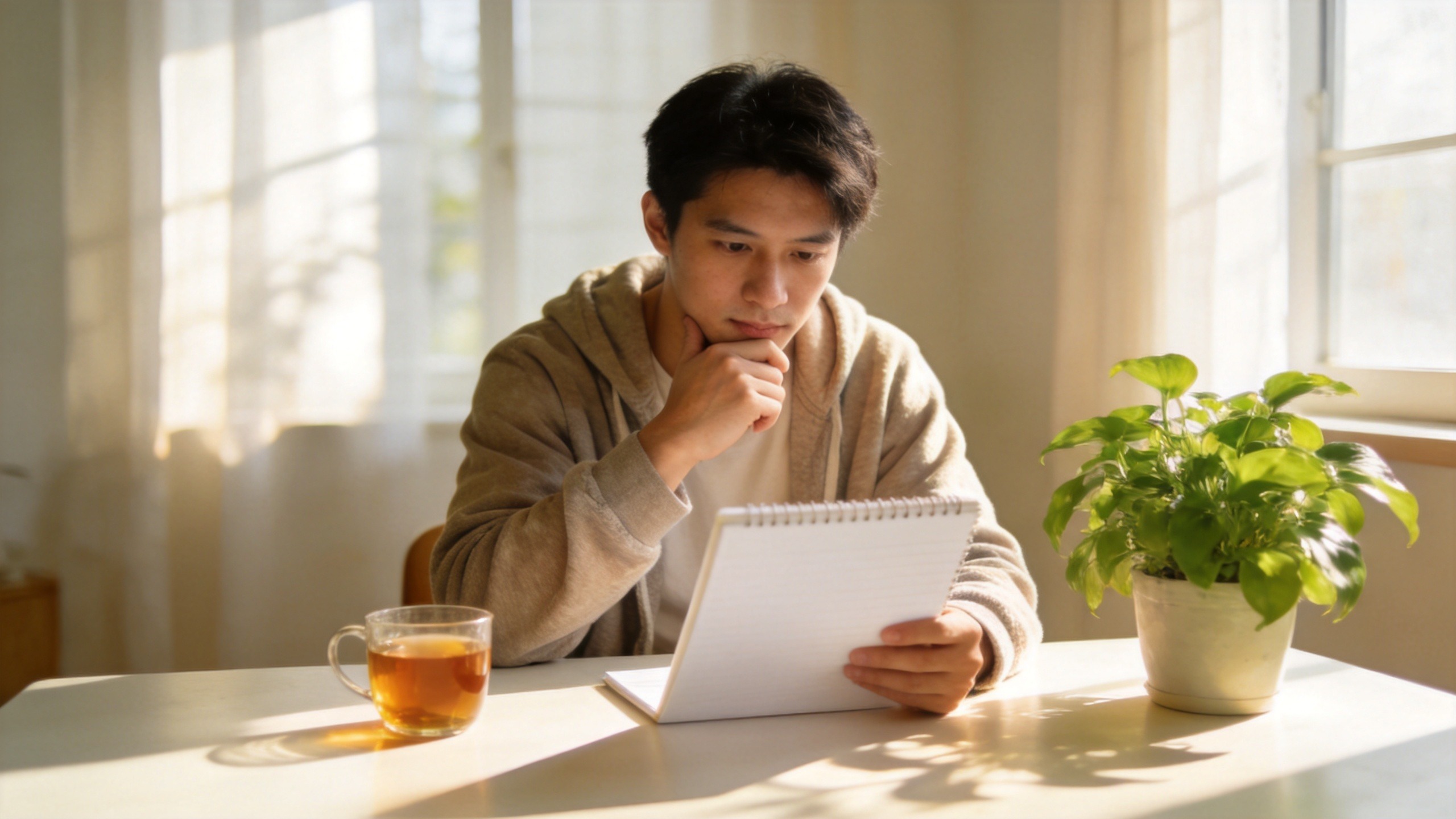 一位年轻人坐在明亮的书桌前思考财务规划，阳光温暖，氛围宁静理性。