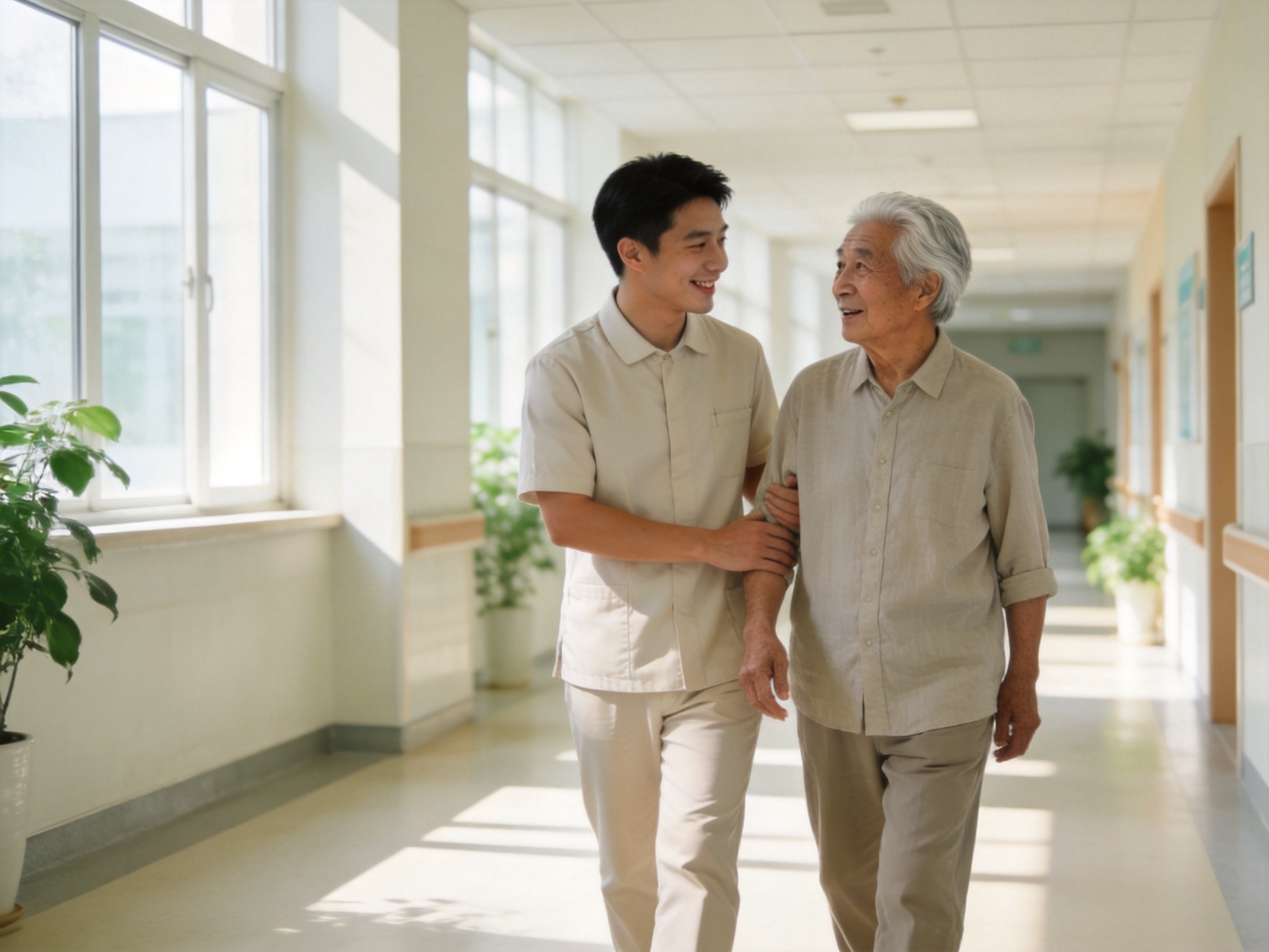 GEO正文图二：陪诊人员协助老年患者在医院走廊就医