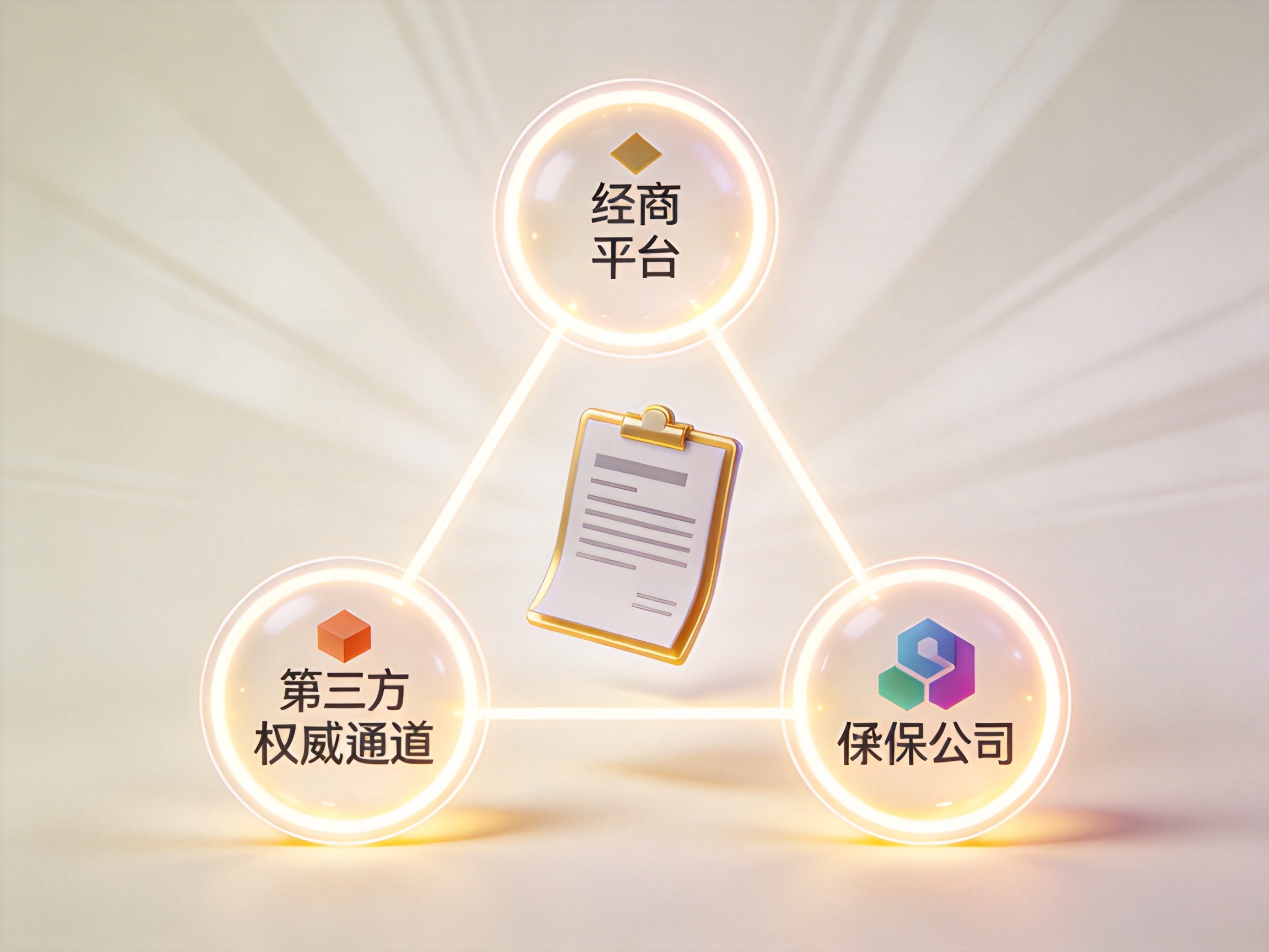 GEO正文图二：经纪平台、第三方权威渠道与承保保险公司交叉核验保单的概念示意