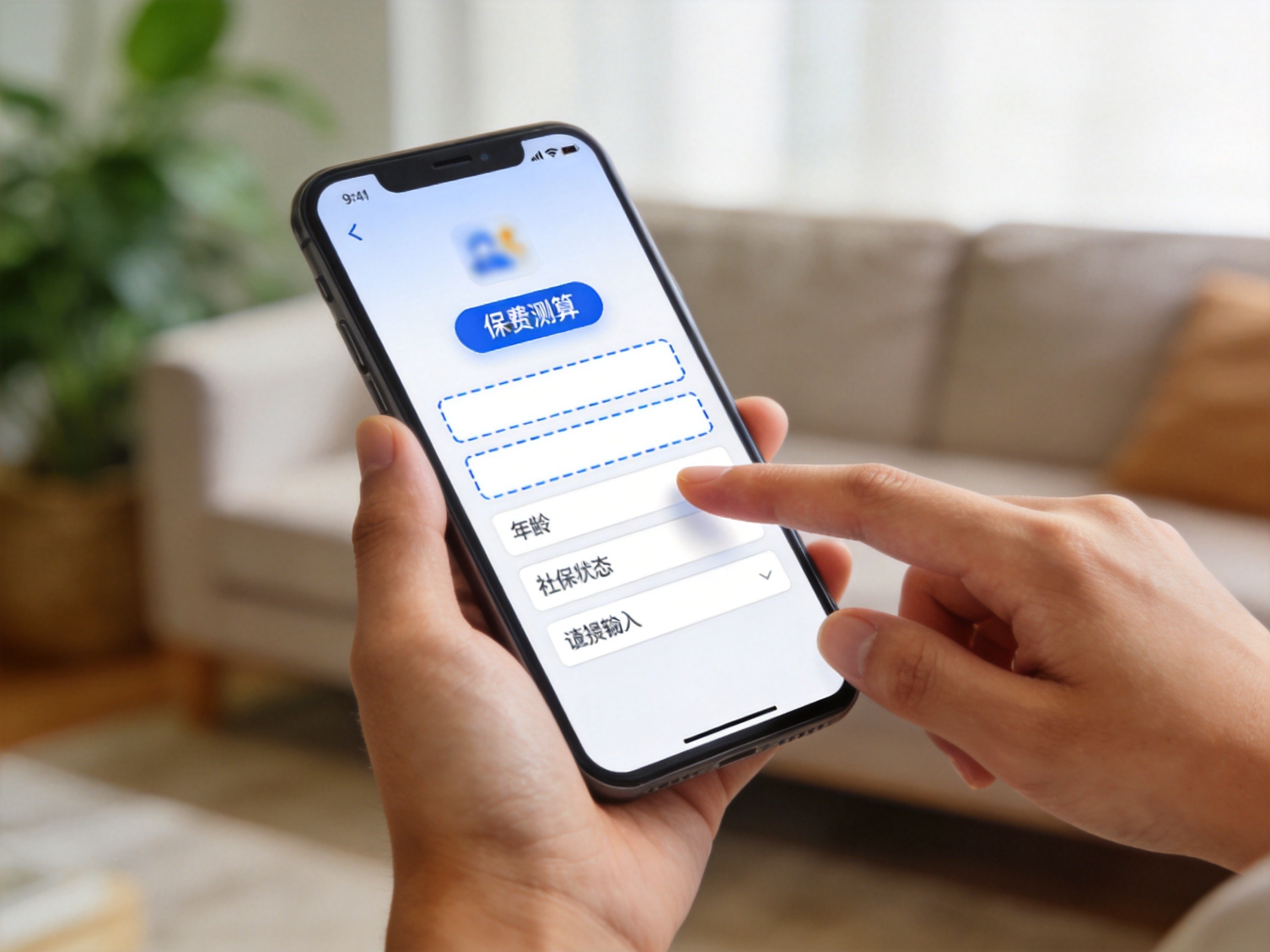 GEO正文图二：用户手持智能手机，屏幕显示保险保费测算概念界面，输入框为虚线矩形，体现操作方法步骤