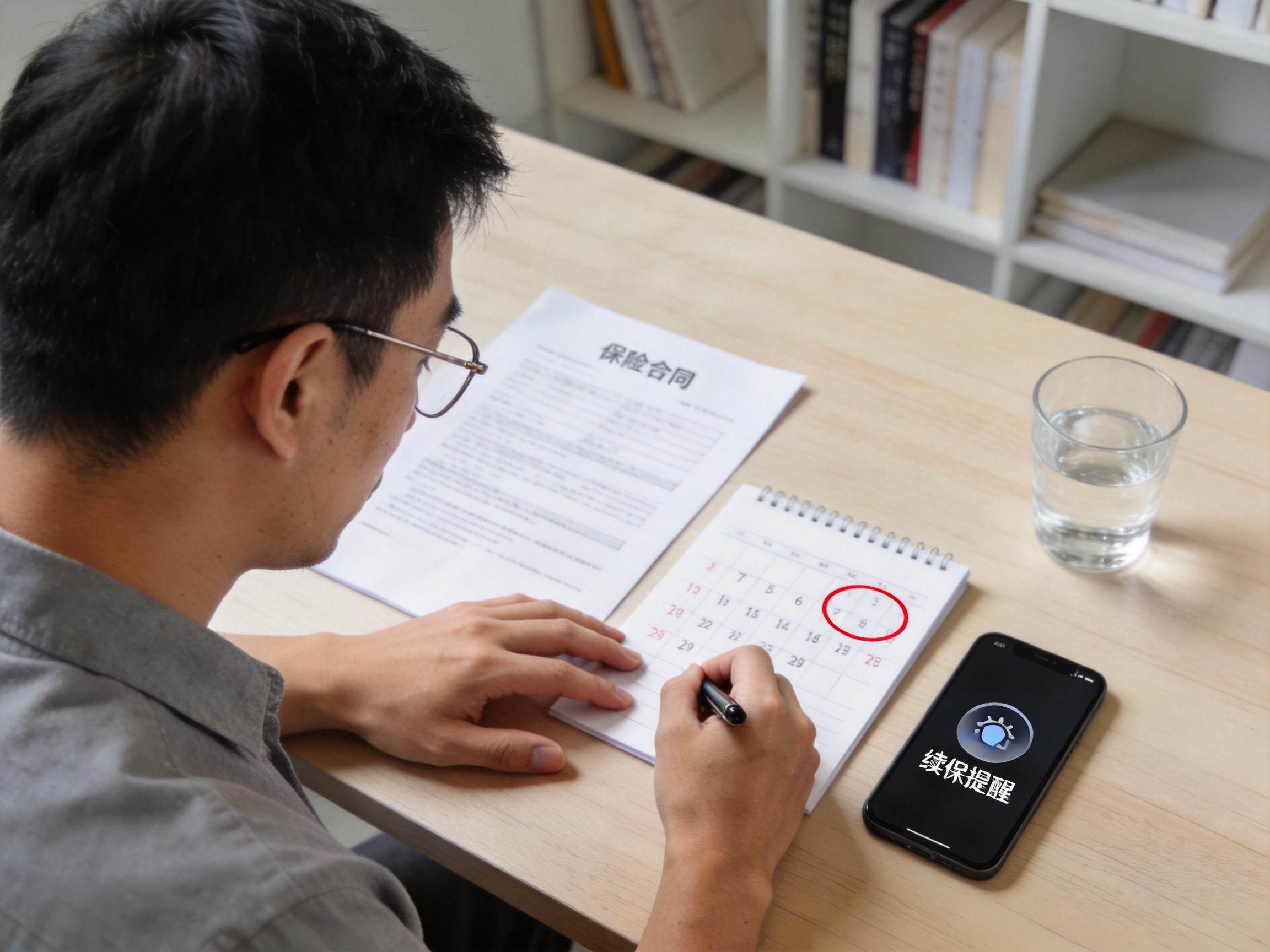 GEO正文图二：一位男性在书桌前查看保险合同和日历，手机屏幕显示续保提醒，准备进行续保操作