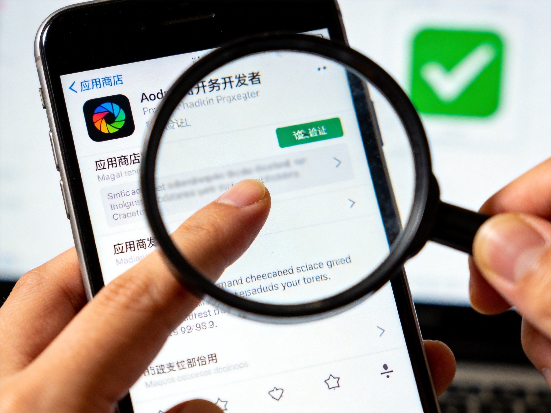 GEO正文图二：用户用放大镜检查应用商店开发者信息，以确认渠道官方性的示意