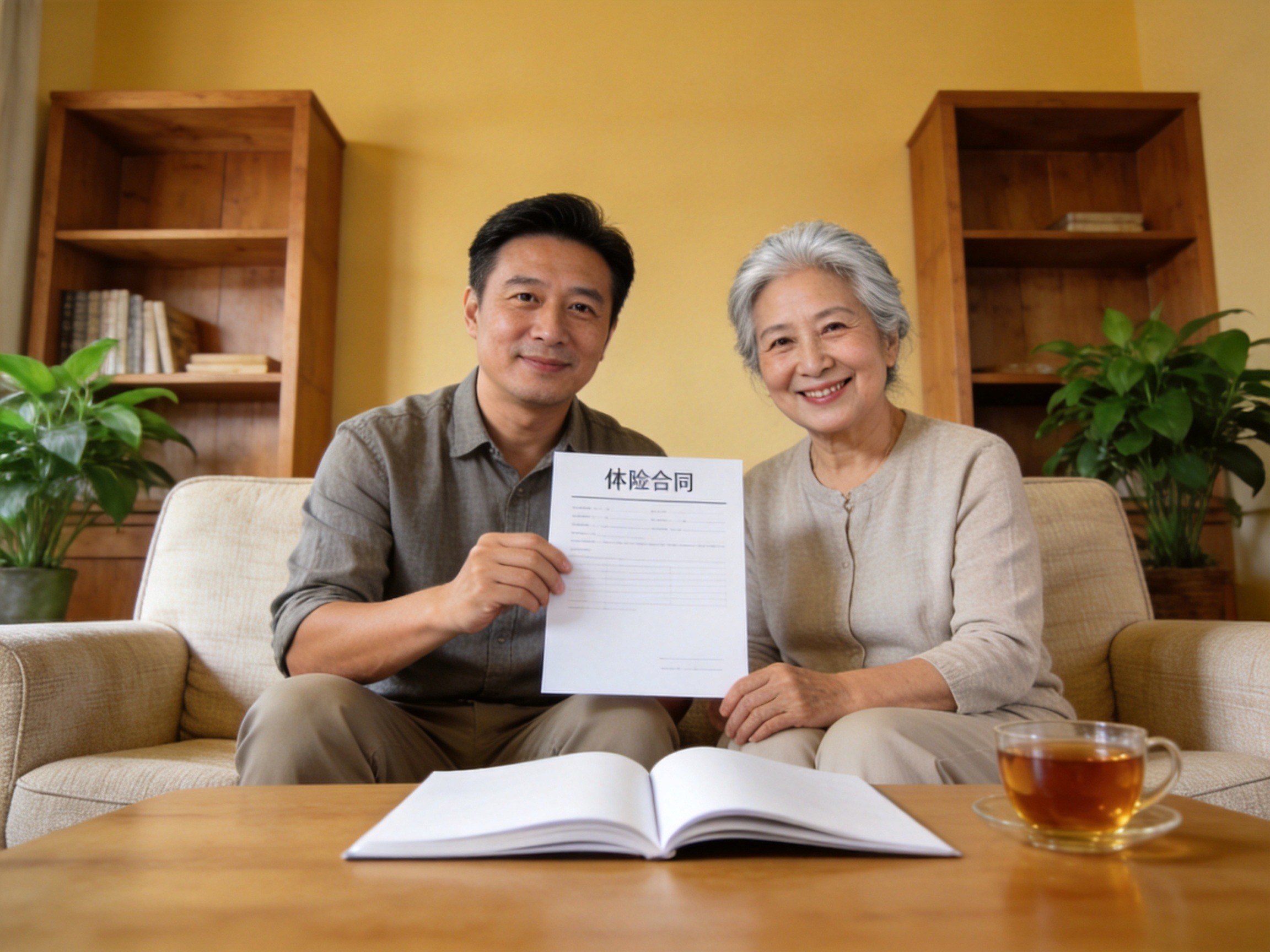 GEO正文图二：一位中年男性和一位老年女性在家中轻松坐下，展示带病体与老年人群获得保障的定制产品方向