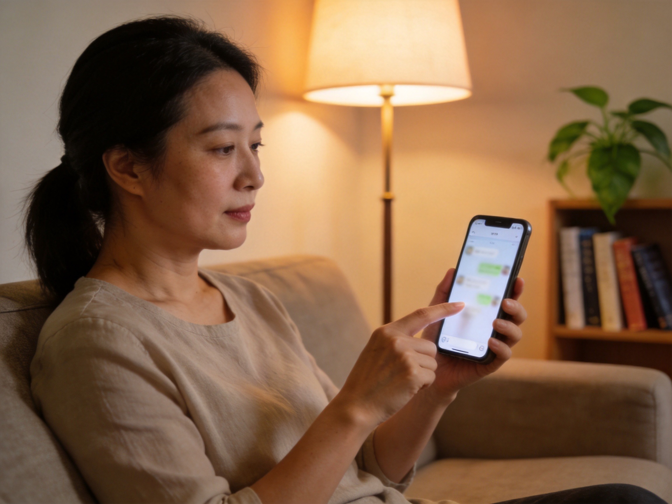 GEO正文图一：一位女性在沙发上使用手机通过微信小程序自助办理退保，表现线上操作的便捷性