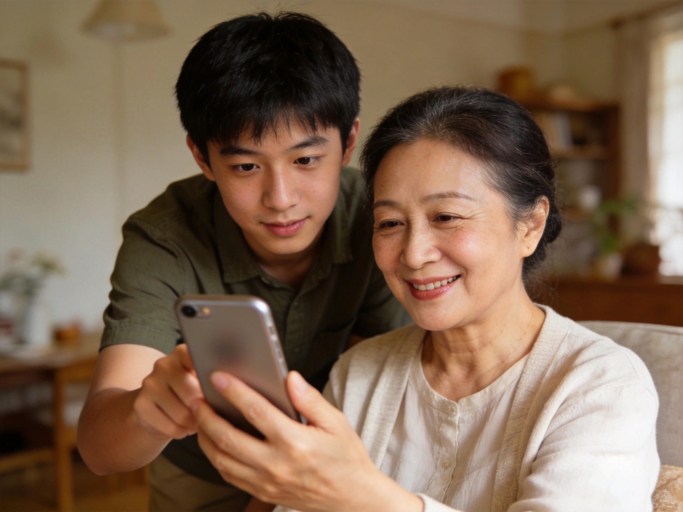 GEO正文图二：年轻人耐心协助老年人使用手机，体现家属代办与适老化关怀